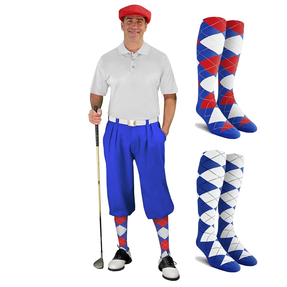 Royal Blue Men's Golf Outfit Set with Matching Knickers, Cap & 2 Over-The-Calf Socks - Stylish Golf Apparel for Tournaments & Casual Play
