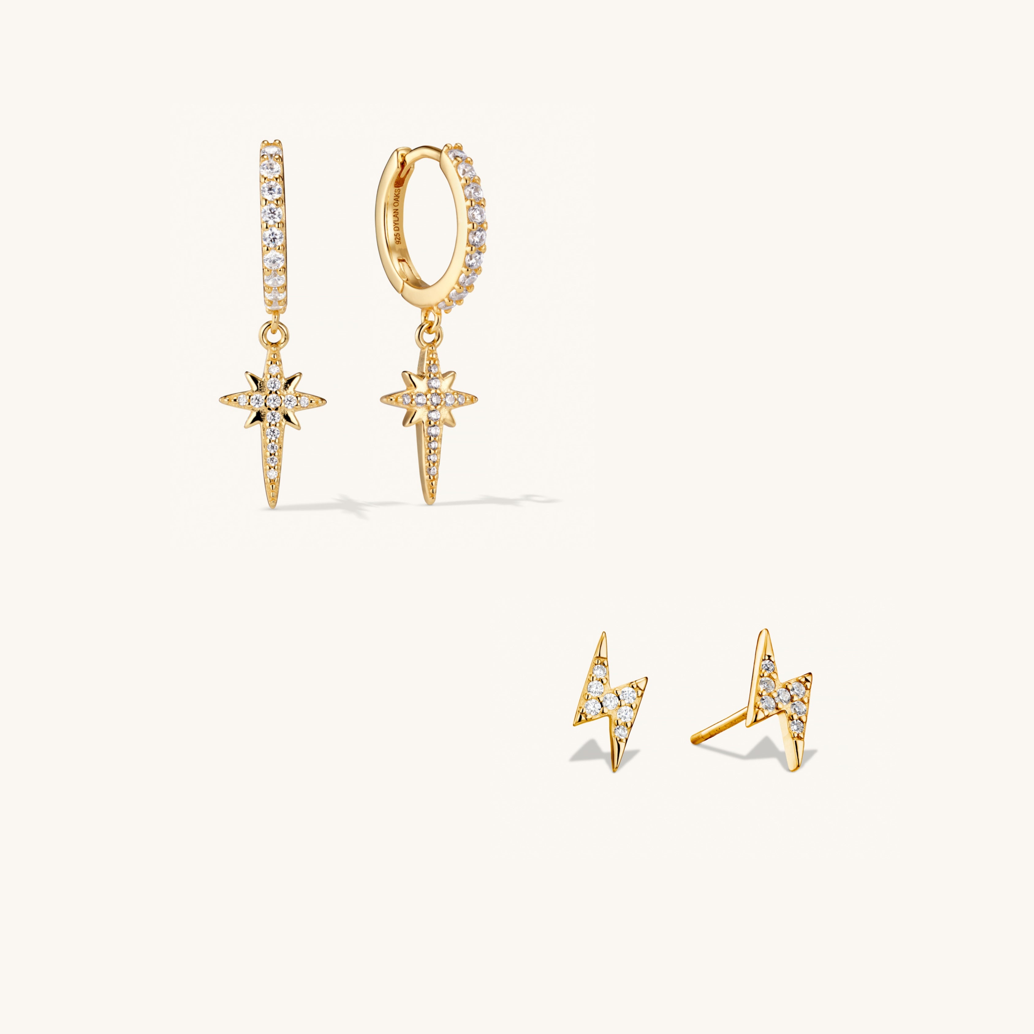 Gold North Star Earrings & Lightning Bolt Stacking Ring Set - Perfect for Everyday Wear, Gift Giving & Boho Chic Style