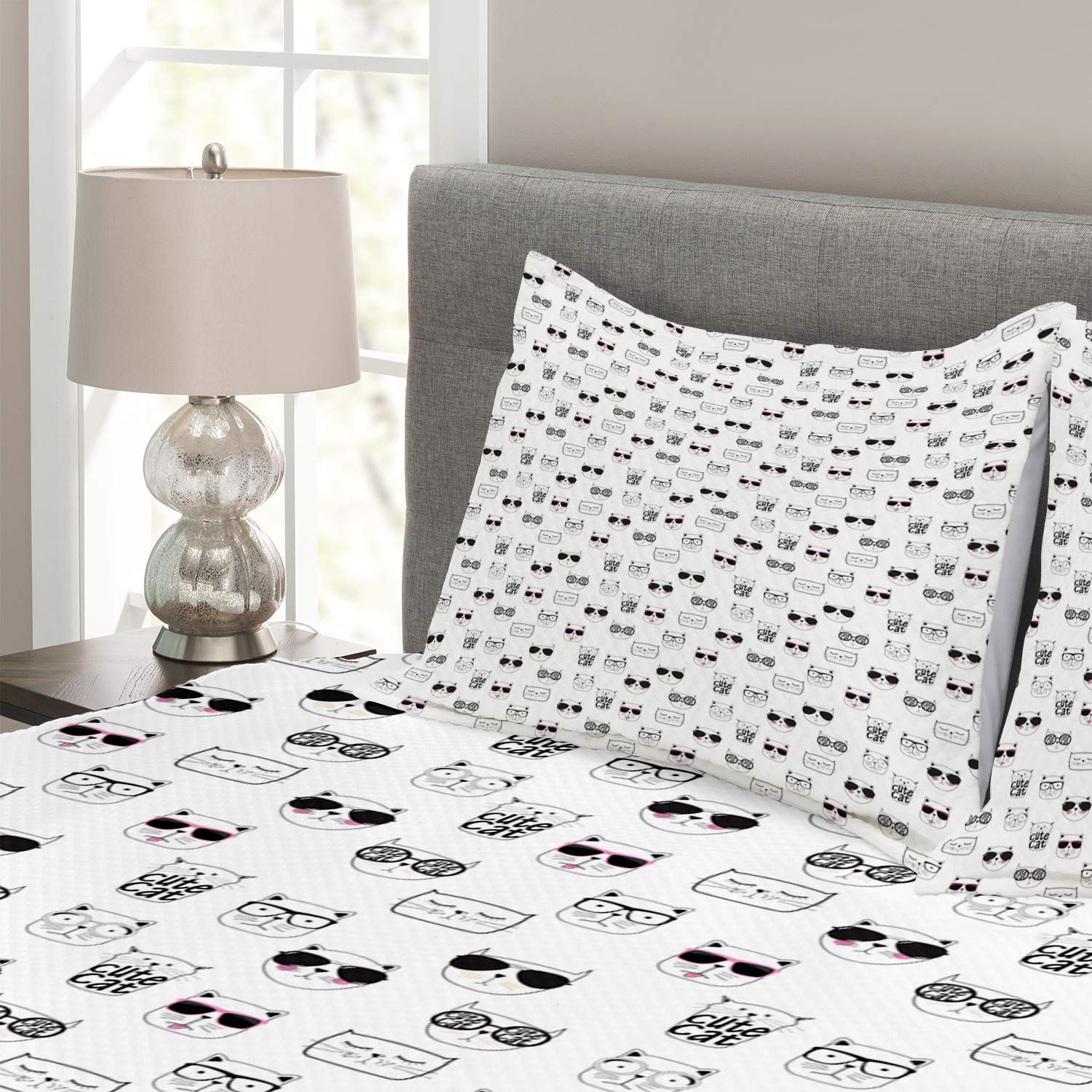 Ambesonne Cat Bedspread Set - King Size 3-Piece Bedding with Cool Hipster Cat Portraits, Sunglasses & Funny Doodle Designs in Black White Pink | Includes Coverlet & 2 Pillow Shams | Perfect for Cat Lovers' Bedroom Decor, Guest Rooms or Funny Gift Idea