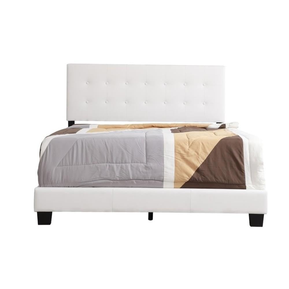 Glory Furniture Caldwell White Faux Leather Upholstered Queen Size Bed Frame - Modern Bedroom Furniture for Home & Guest Room Decor