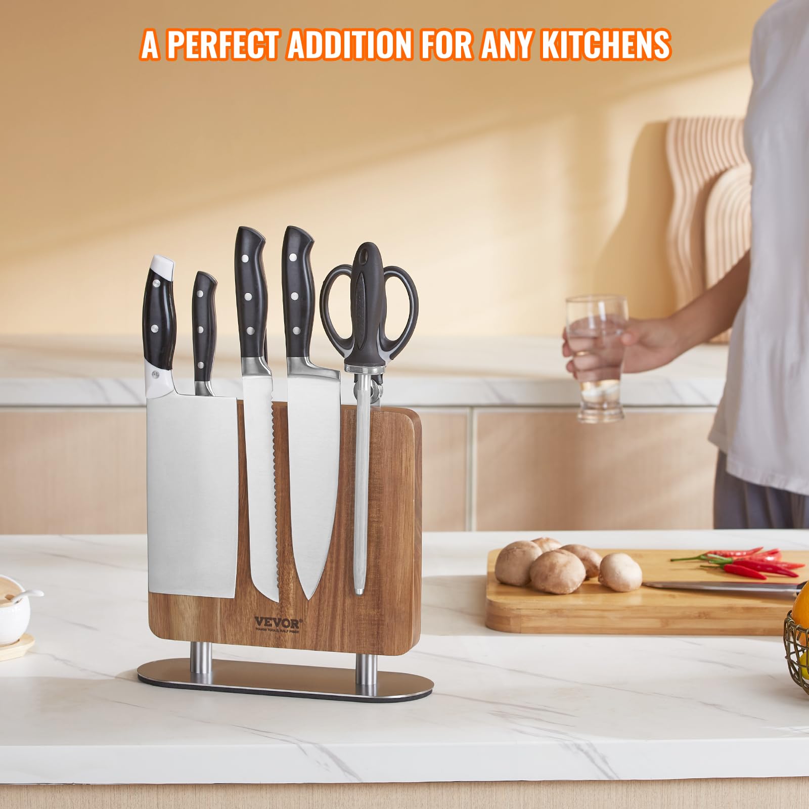 VEVOR 10-Inch Magnetic Knife Block - Double Sided Acacia Wood Knife Holder for Kitchen, Cutlery Display & Storage Organizer - Perfect Christmas Gift for Home Chefs & Cooking Enthusiasts (Great for Countertop Organization & Stylish Kitchen Decor)