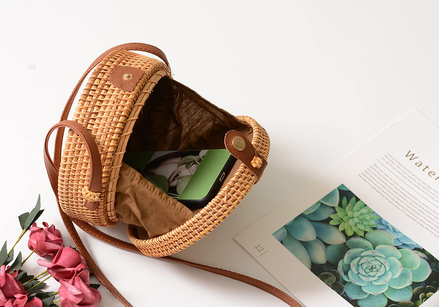 Handwoven Round Rattan Shoulder Bag - Natural Woven Beach Bag with Leather Strap for Women - Perfect for Tropical Vacations, Summer Outings & Boho Fashion Accessories