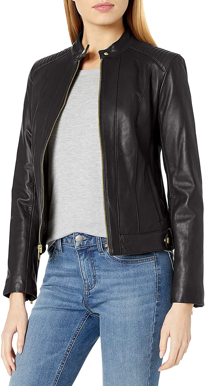 Genuine Lambskin Leather Jacket for Women - Quilted Detailing, Medium Size (Black) | Perfect for Casual Outfits, Night Out & Fall Fashion