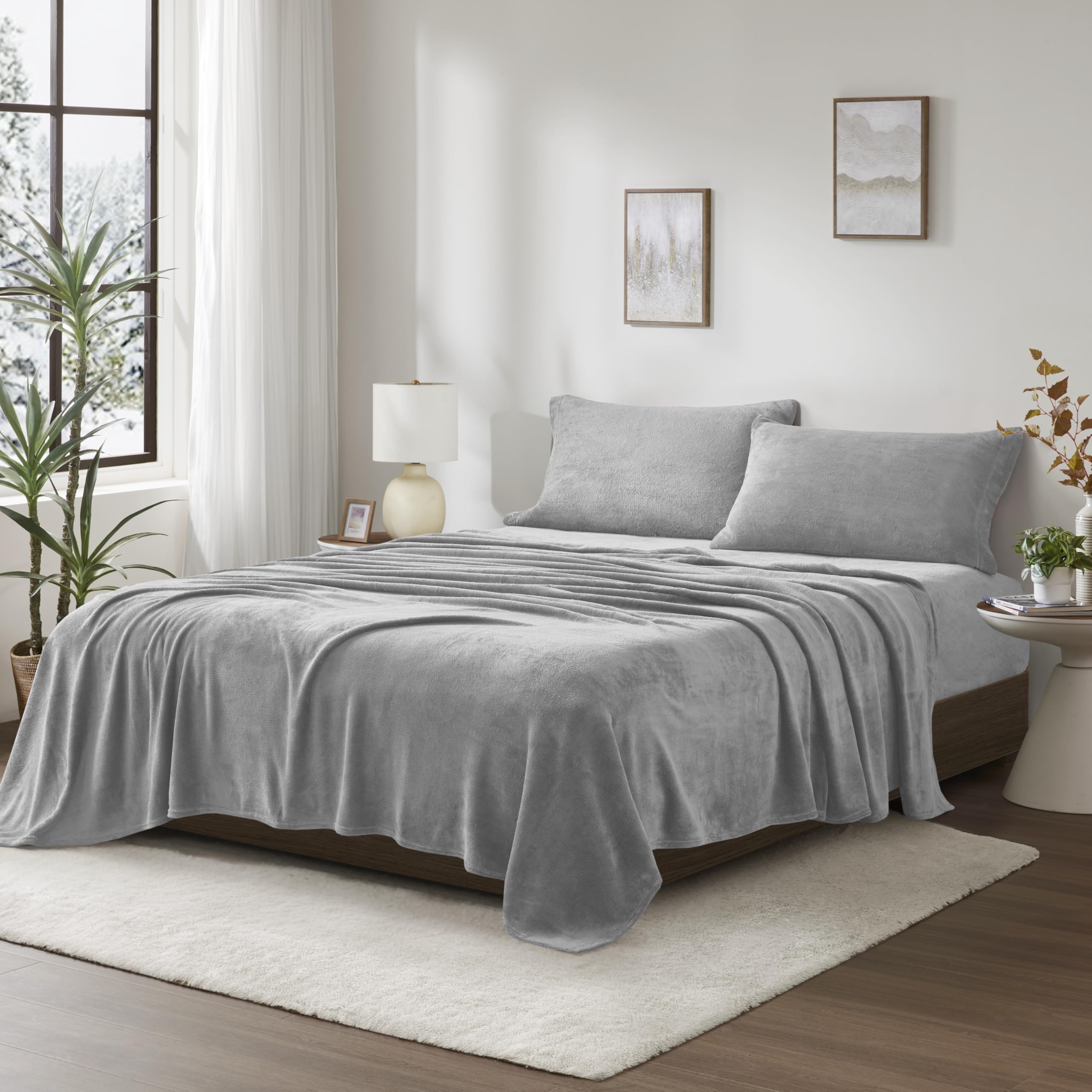 True North by Sleep Philosophy 4-Piece Plush Sheet Set - Queen Size, Solid Grey, Ultra Soft & Warm Bedding, Deep Pocket Fits 16