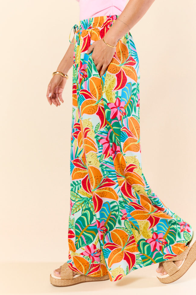 Beach Breeze Blue Mixed Print Wide Leg Pants for Women - Comfortable Summer Vacation & Boho Style Outfit