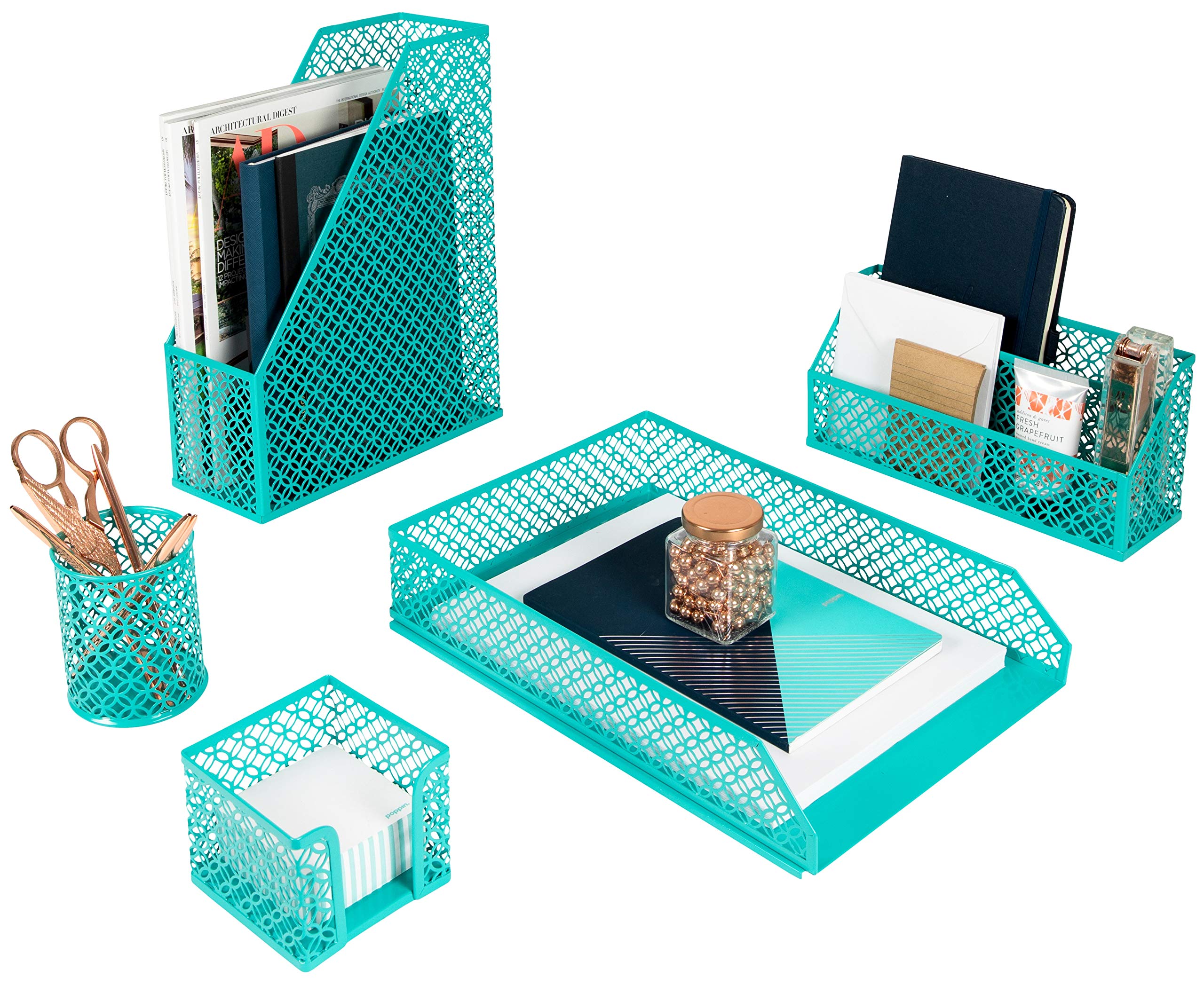 BLU MONACO 5-Piece Dark Teal Desk Organizer Set - Stylish Office Desk Accessories for Women - Premium Desktop Organization - Perfect for Home Office, Workstation & Study Desk Organization