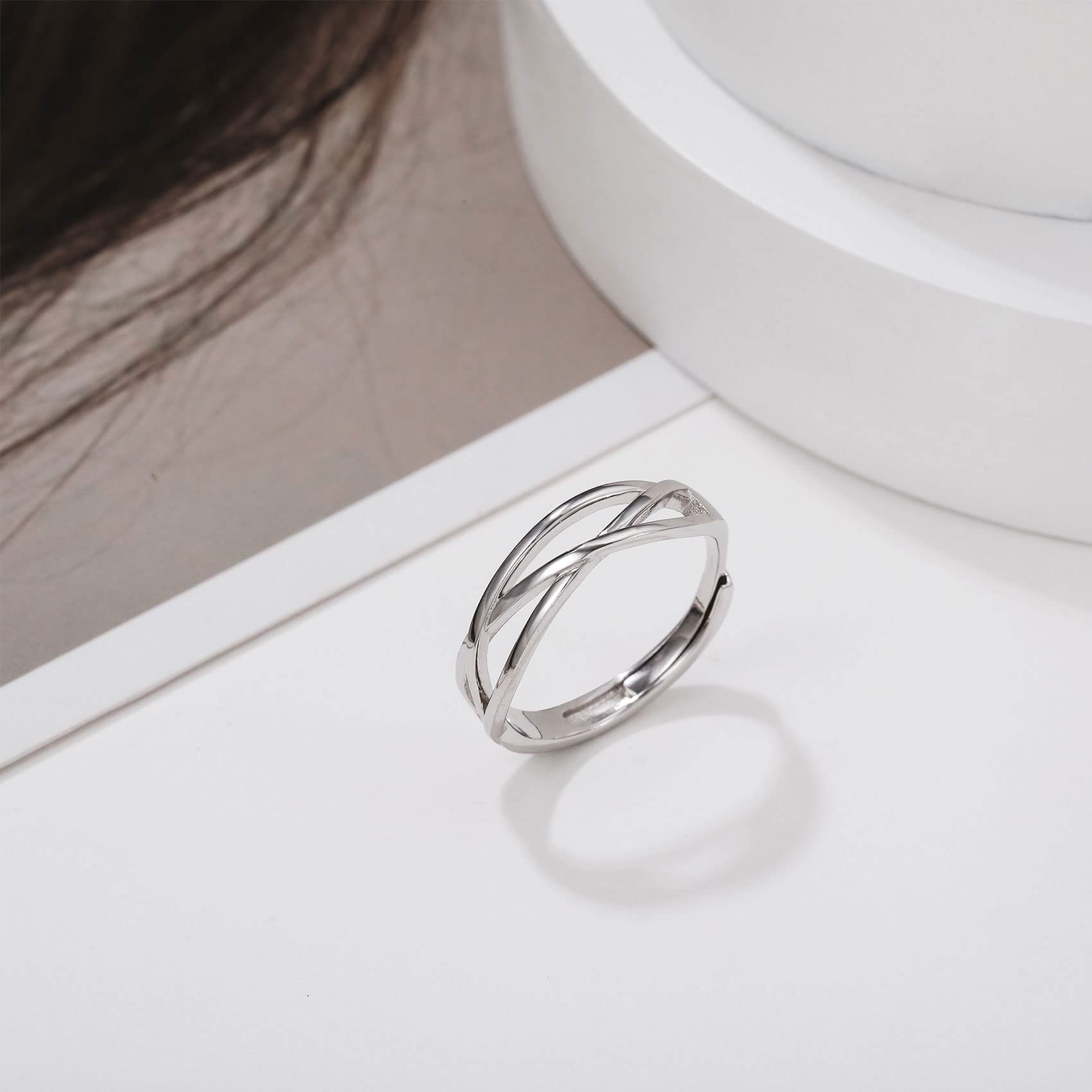 OOOPEL Sterling Silver Adjustable Ring S925 - Cubic Zirconia Twist Love Knot Dainty Ring for Women | Minimalist Open Finger Rings | Perfect for Everyday Wear, Date Nights & Gifts