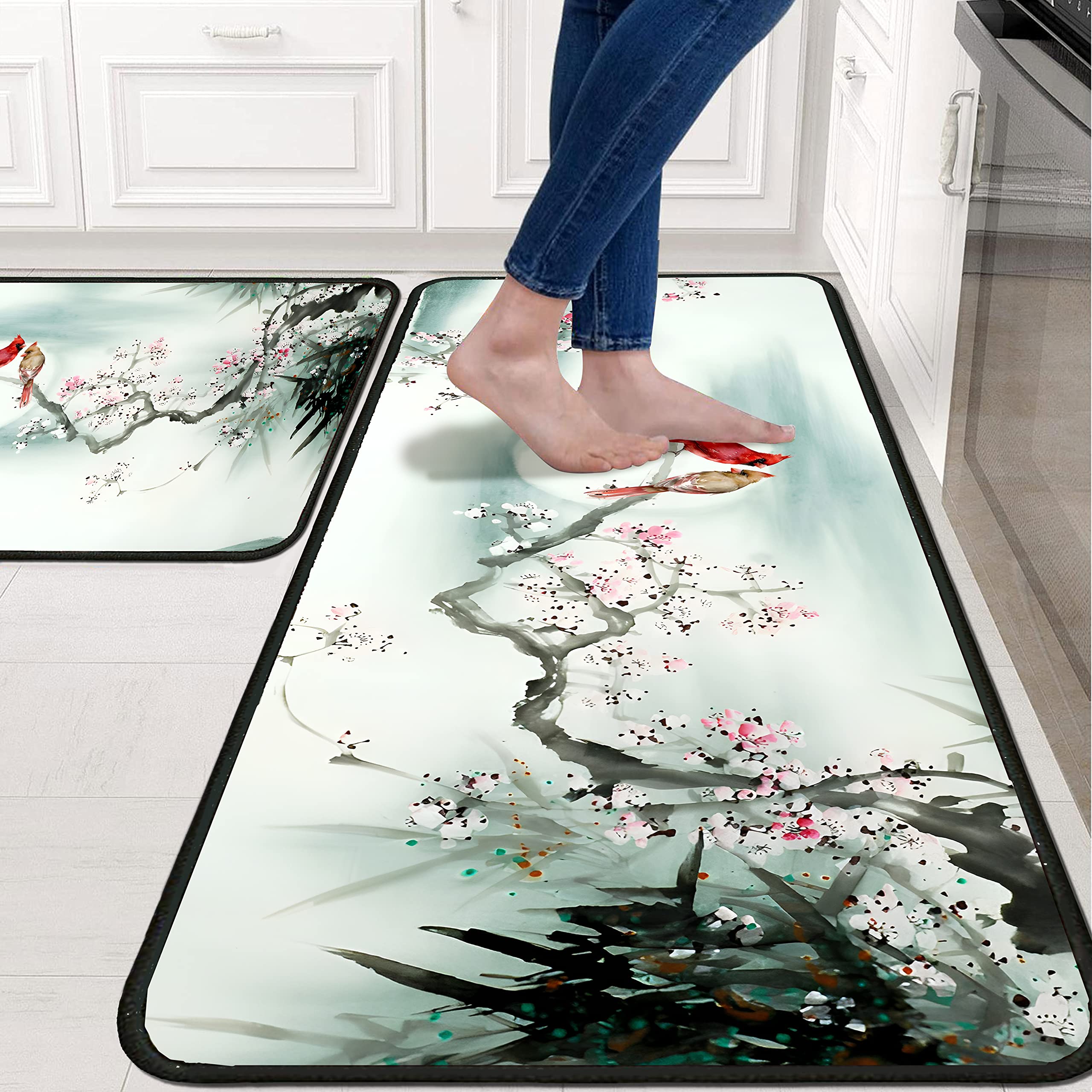 Premium Cardinal Bird Design Anti-Fatigue Kitchen Rugs Set of 2 - 17