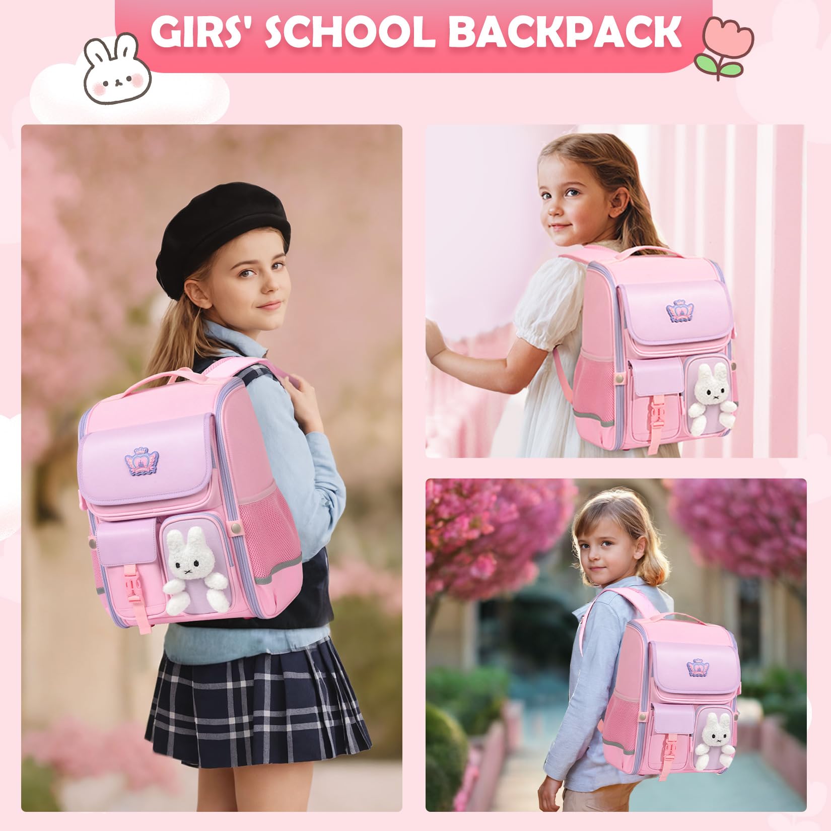 Cute Pink Girls Backpack for School - Large Capacity Waterproof Travel Bookbag for Elementary Kids Aged 6-12 | Perfect for Daily Use, Classroom, Outdoor Activities & Weekend Trips