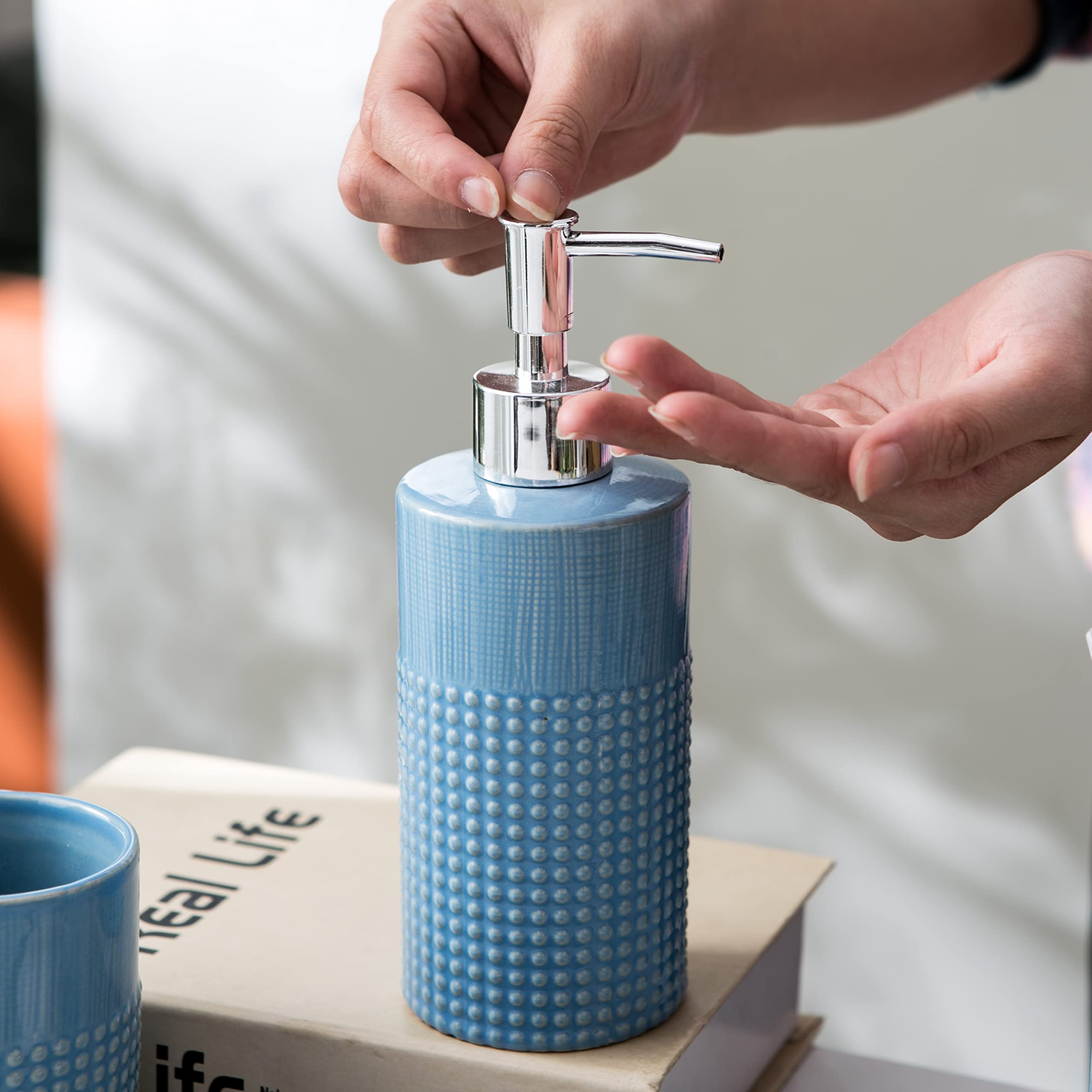 4-Piece Ceramic Bathroom Accessories Set - Soap Dispenser, Toothbrush Holder, Tumbler & Soap Dish | Modern Home Decor for Bathroom, Housewarming Gift (Blue) | Perfect for Guest Bathrooms, Master Suites & Spa-Inspired Spaces