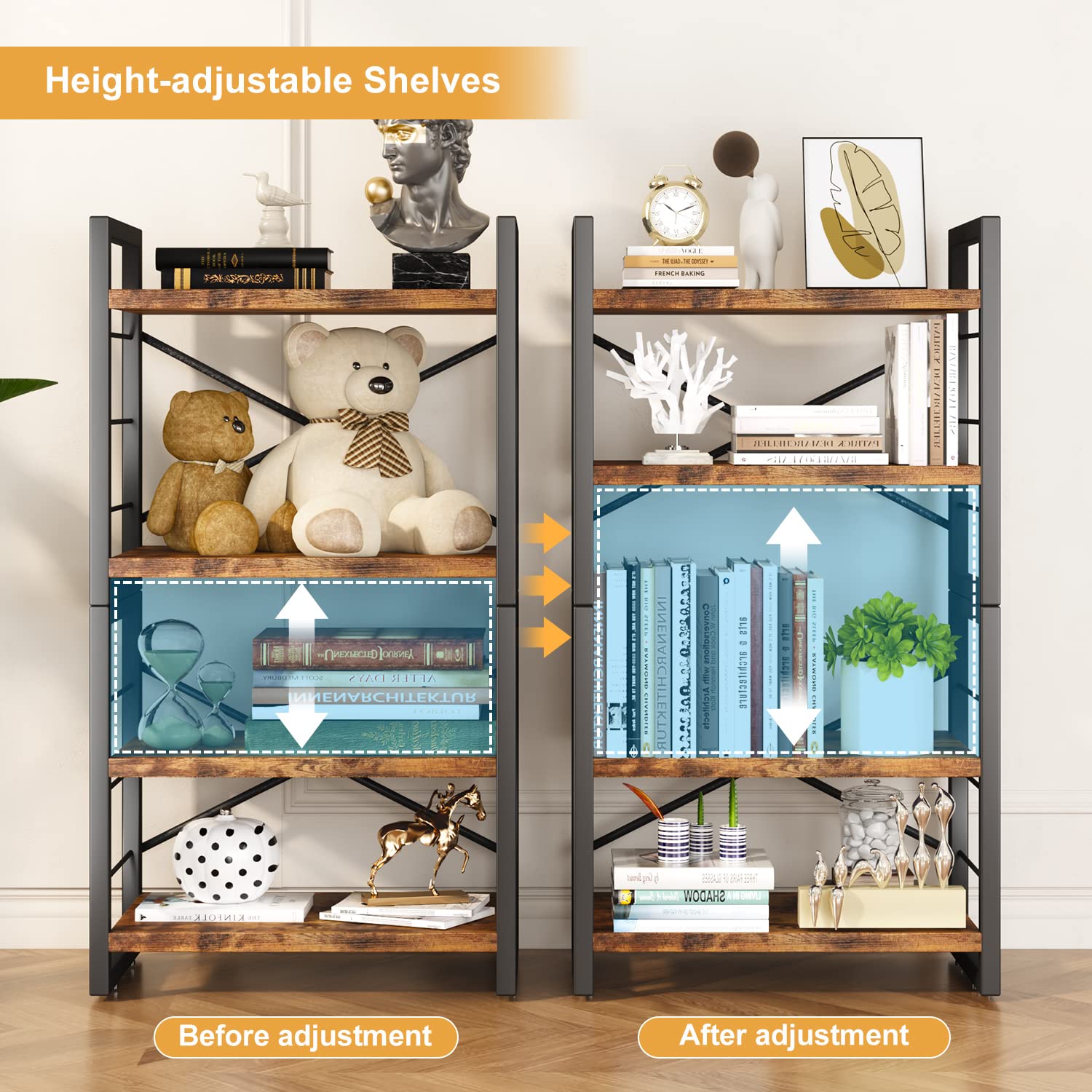 Industrial Rustic Bookshelf - 4 Tier Stackable Desk Hutch & Storage Organizer for Home Office, Dorm, Living Room & Bedroom (Adjustable, Rustic Black/Brown) - Perfect for Organizing Books, Decor & Office Supplies