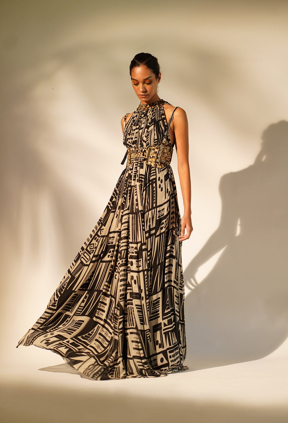 White Abstract Print Halter Neck Maxi Dress - Elegant Boho Beach Cover Up for Summer Vacations & Pool Parties