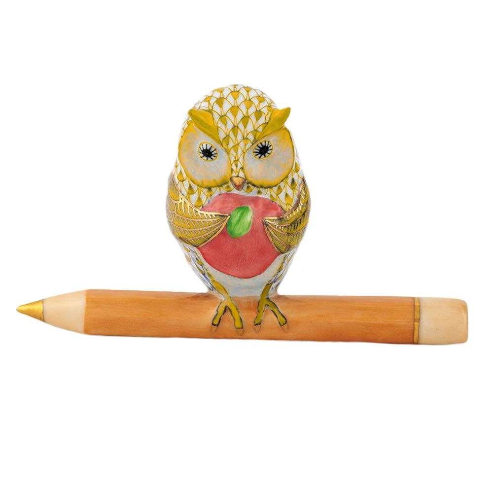 Herend Teacher Owl Porcelain Figurine - Butterscotch Fishnet Design Collectible - Perfect for Home Decor, Gift Giving & Collector's Display