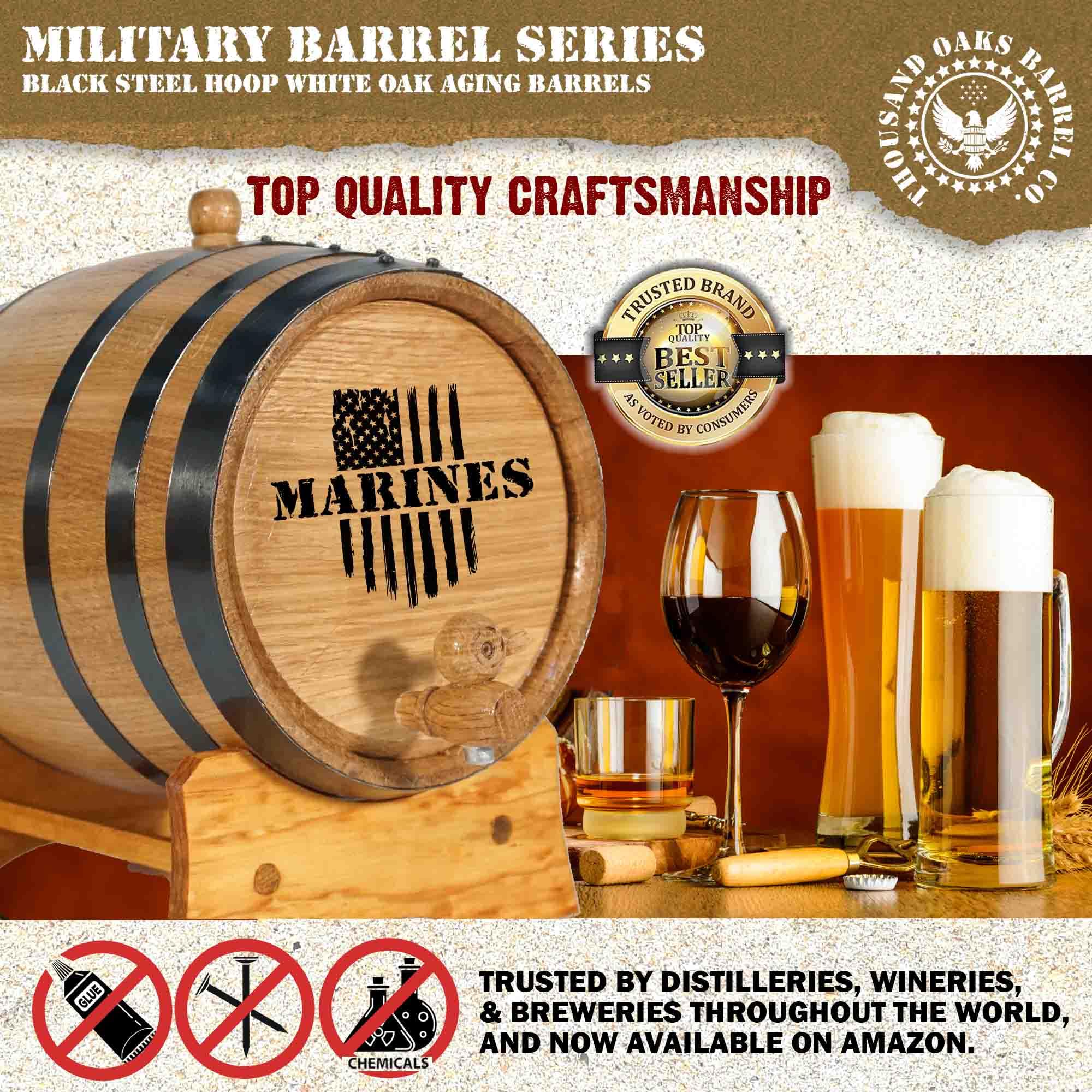 USMC Engraved 5 Gallon Oak Aging Barrel with Wood Stand - Military Veteran Gift, 20L Mini Whiskey Barrel for Home Distilling, Brewing & Winemaking | Perfect for Bourbon, Whiskey, Moonshine & Craft Beer Aging