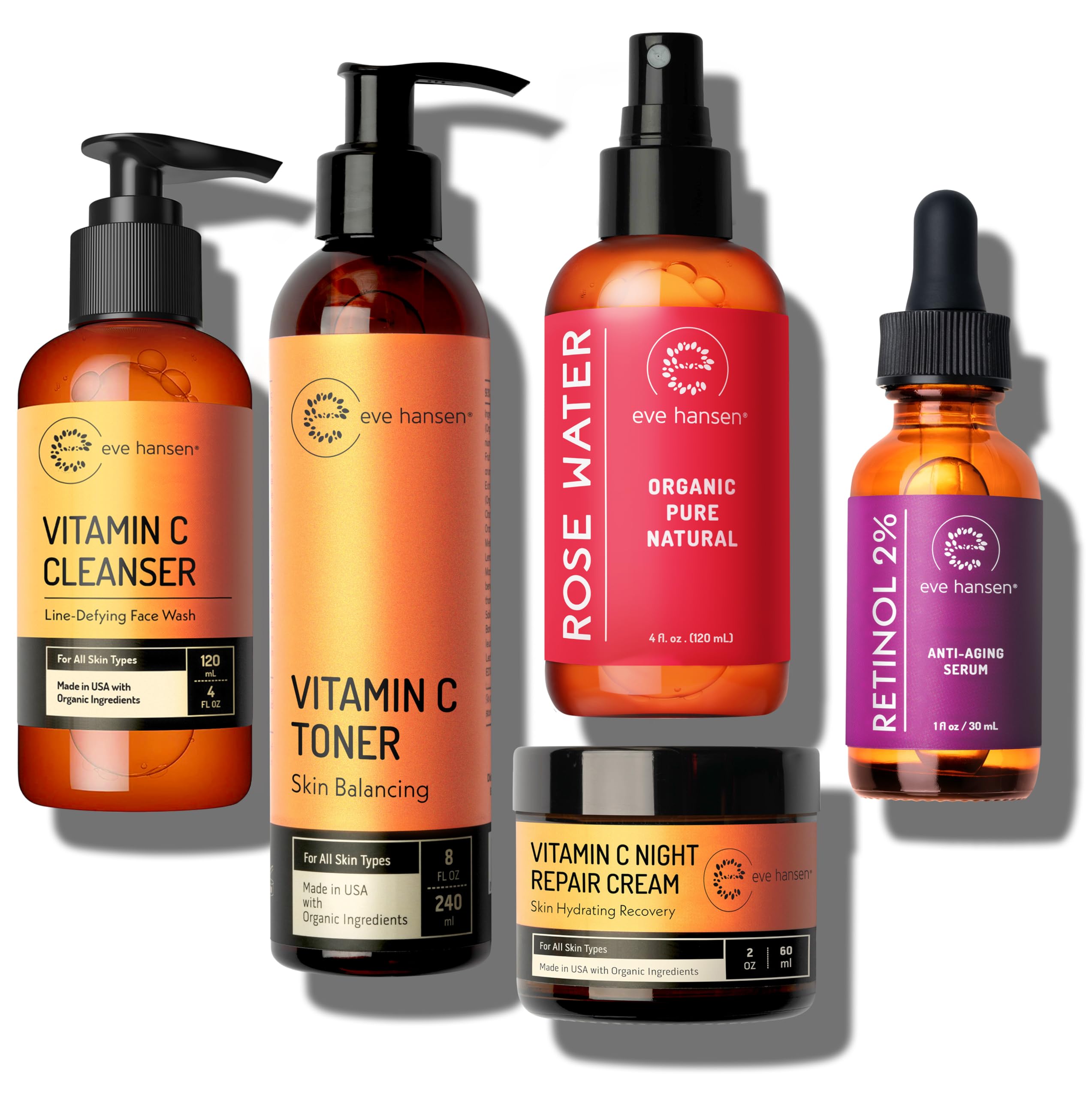 Eve Hansen Night Skincare Bundle – Vitamin C Cleanser, Vitamin C Toner, Rose Water, Retinol Serum & Night Repair Cream – Hydrating & Nourishing Skincare for All Skin Types – Perfect for Evening Routine & Anti-Aging Care