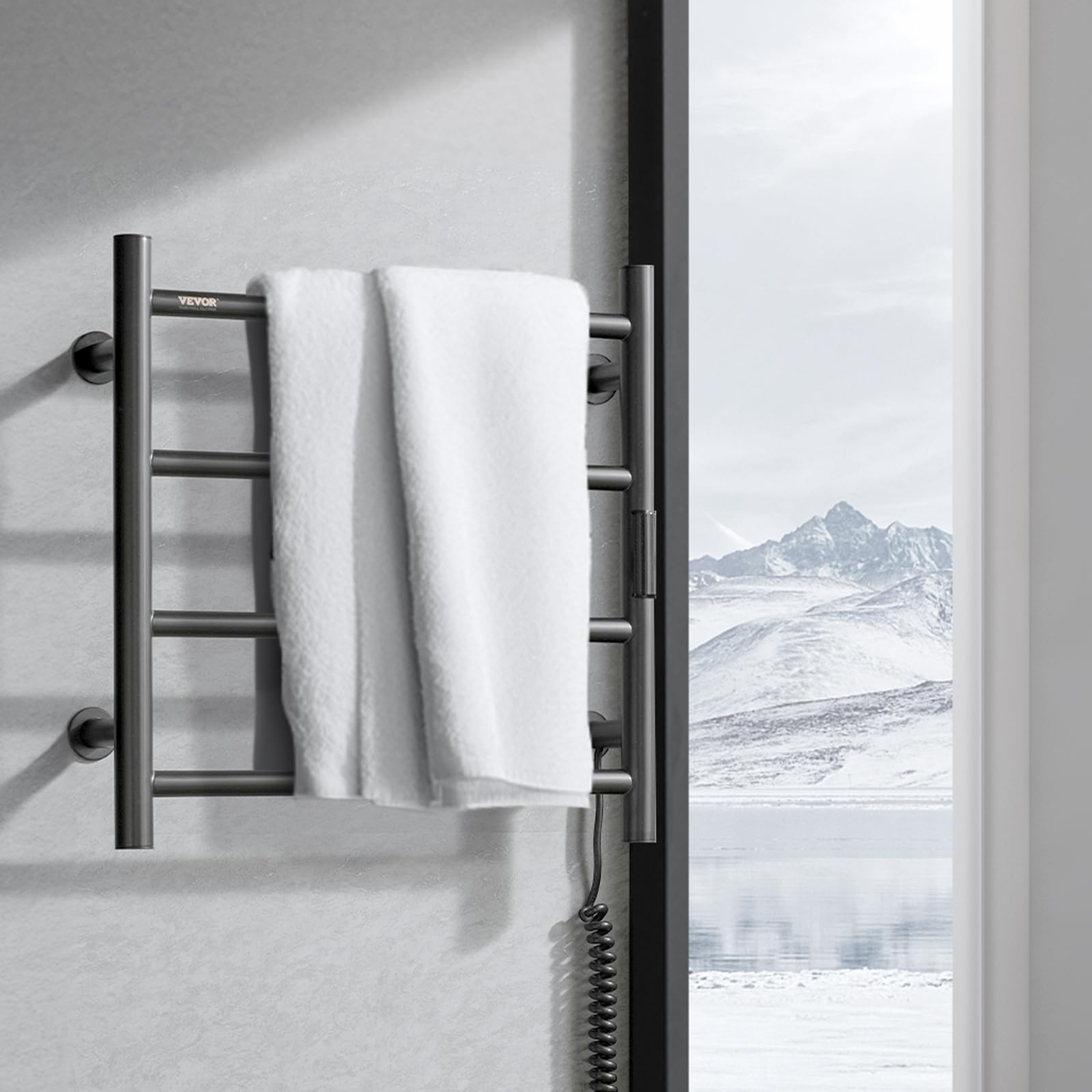 VEVOR 4-Bar Heated Towel Rack - Wall Mounted Bathroom Towel Warmer with Timer, LED Display & 5 Adjustable Temperature Settings - IPX5 Waterproof Black Towel Heater for Spa, Luxury Hotels & Home Use