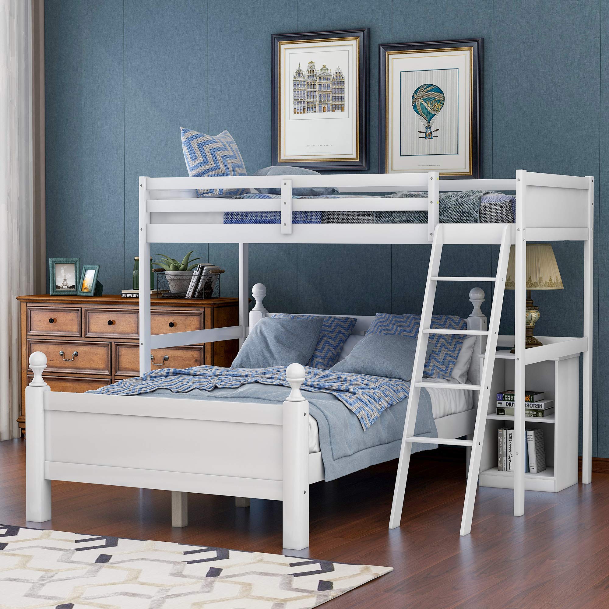 Harper & Bright Designs Twin Over Full Bunk Bed with Storage Cabinet & Ladder - Space Saving Wooden Bunk Bed in White - Perfect for Kids' Bedroom, Guest Room & Small Spaces