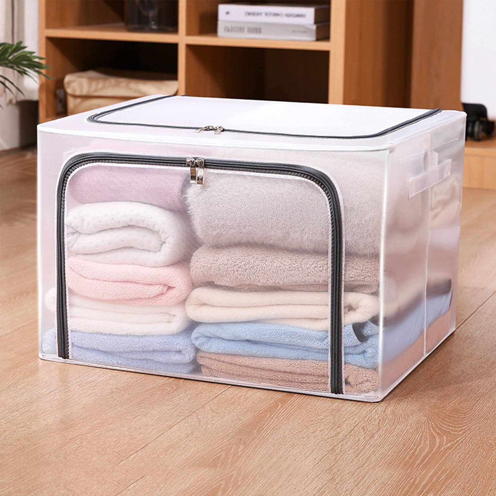 66L Transparent Steel Frame Storage Box with Handle & Zipper - Waterproof Nylon Mesh Foldable Clothes Storage Container - Perfect for Bedding, Clothing & Toy Organization in Closet, Wardrobe or Nursery
