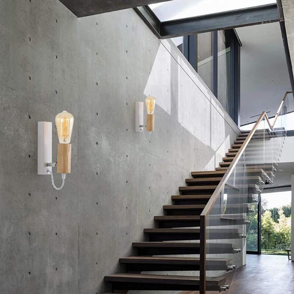 2 Pack Nordic Metal Wall Sconce Lights with Wooden Holder - Retro Adjustable Wall-Mounted Lighting Fixture for Bedroom, Living Room & Bar - E27 LED Wall Lamp for Home Decor & Ambient Lighting