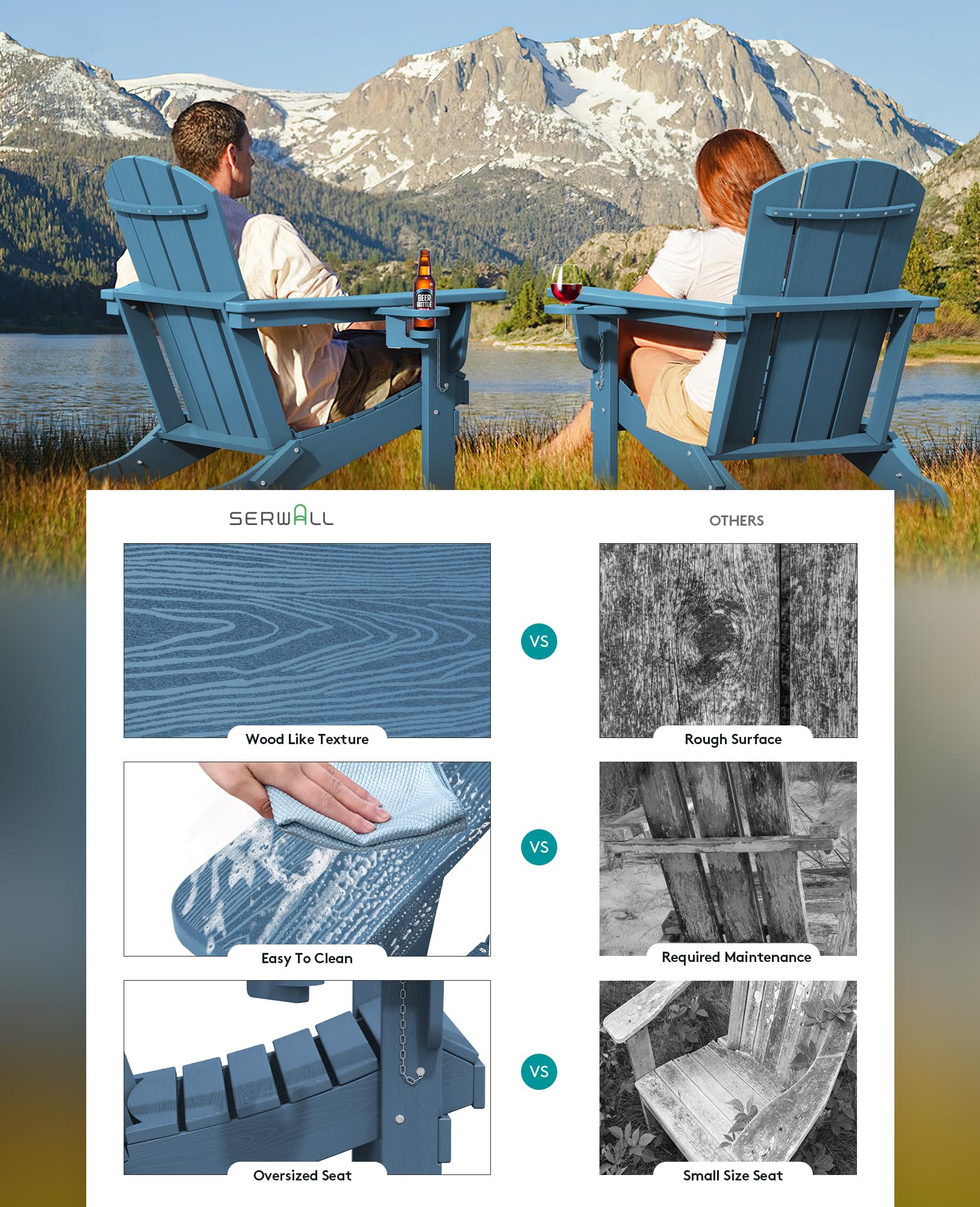 SERWALL Folding Adirondack Chair Set of 2 - HDPE Plastic Outdoor Patio Furniture with Wood-Like Finish in Navy Blue - Perfect for Backyard, Poolside, and Beach Relaxation