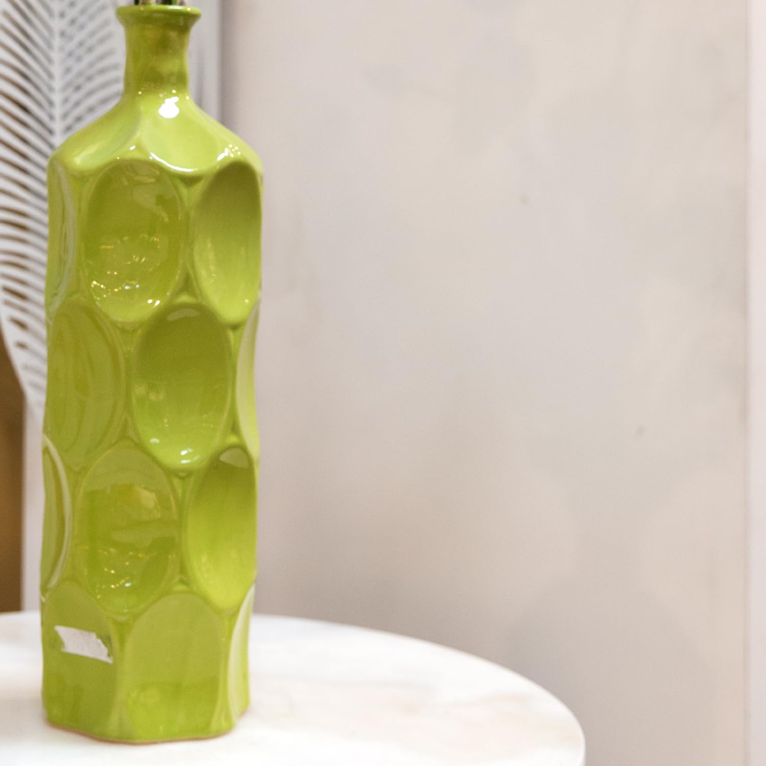 Handmade Ceramic Round Bottle Vase with Dimpled Sides - Small Glossy Green Home Decor for Centerpieces, Wedding Decor & Living Room Accents