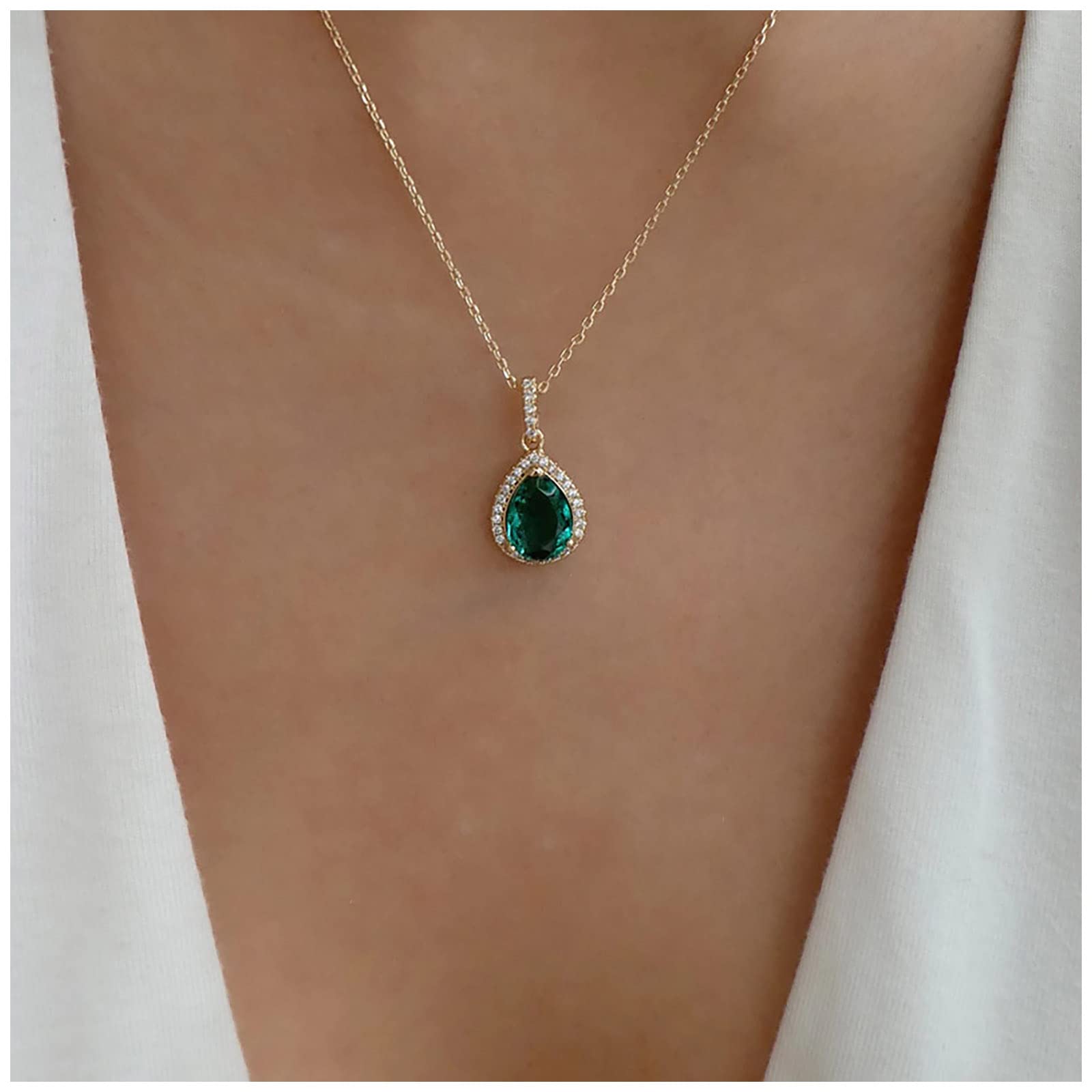 Vintage Teardrop Emerald Crystal Pendant Earrings & Necklace Set - Green Gemstone Gold CZ Jewelry for Women & Girls - Perfect for Weddings, Parties & Special Occasions