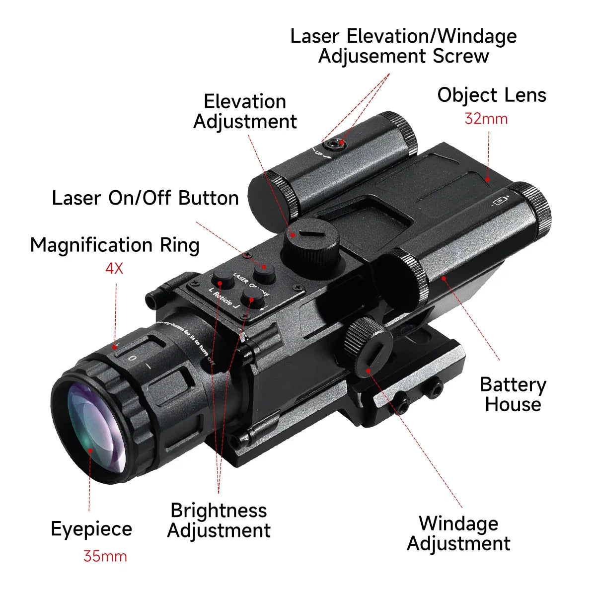 4X32 Tactical Prism Scope with Red Laser - Reflex Optical Rifle Sight for Hunting, Airsoft & Crossbow | Durable Short Riflescope for Outdoor Shooting & Tactical Use