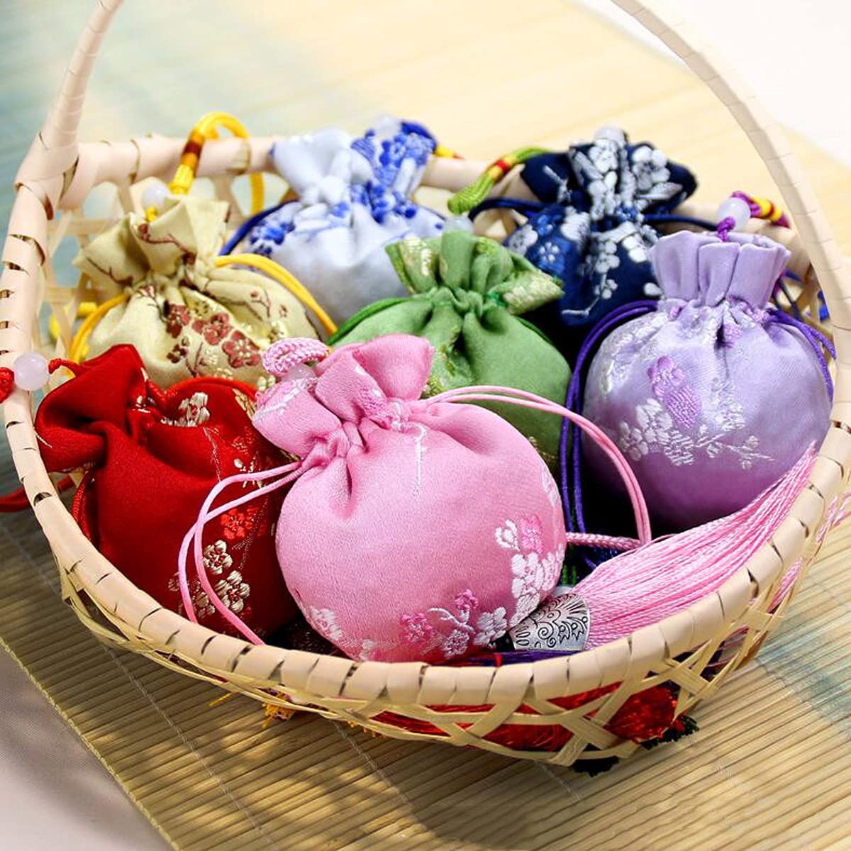 20 Pcs Silk Brocade Drawstring Sachet Bags with Tassels - Plum Blossom Pattern for Aromatherapy, Jewelry Storage, Home Decor & Gift Packaging | Portable Fragrance Pouch for Closet, Drawer & Travel