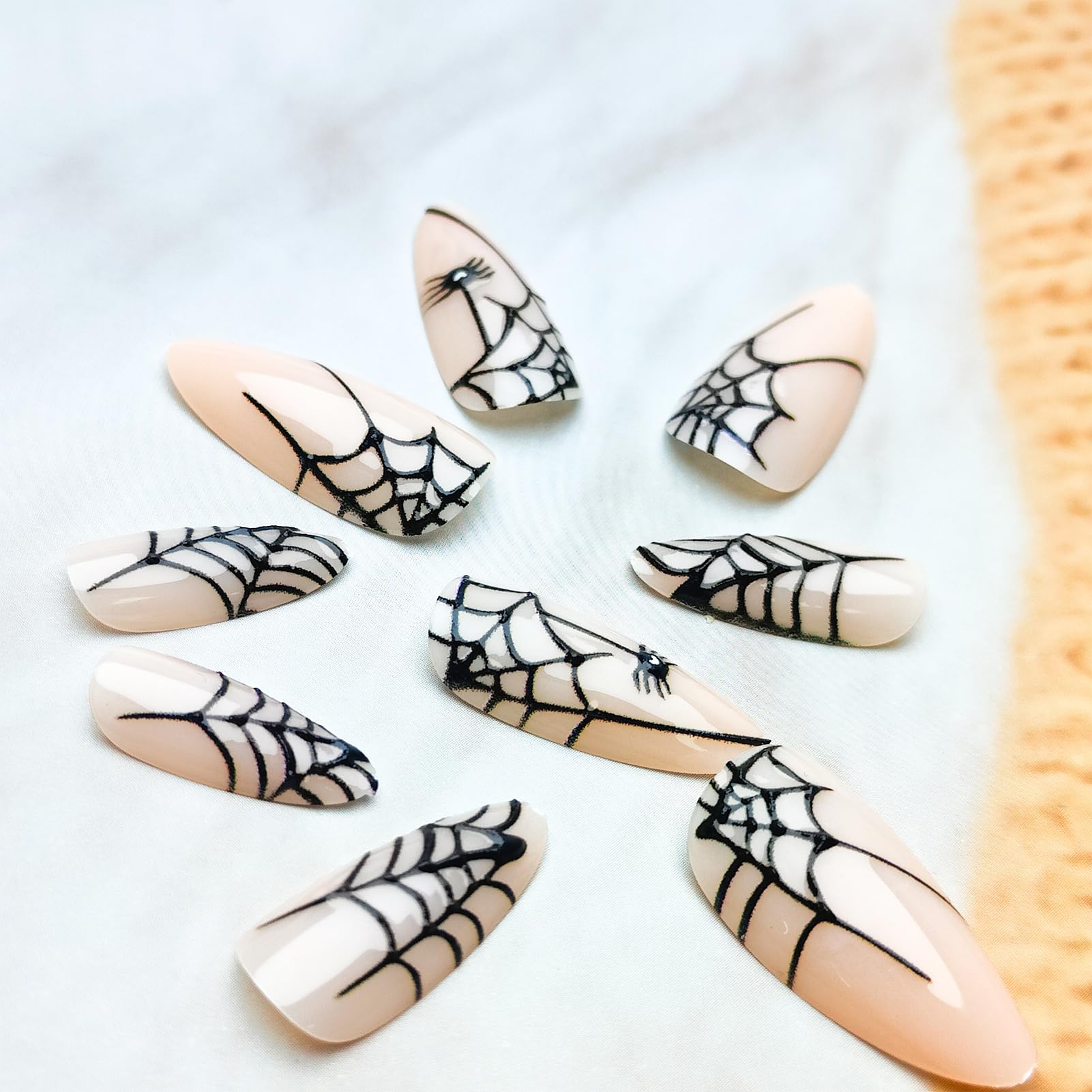 **Spider Design Halloween Press-On Nails - Short Almond Fake Nails with 3D Web French Tips (24Pcs) | Glossy Nude Pink False Nails for Women & Girls | Perfect for Halloween Parties, Cosplay & Spooky Nail Art**