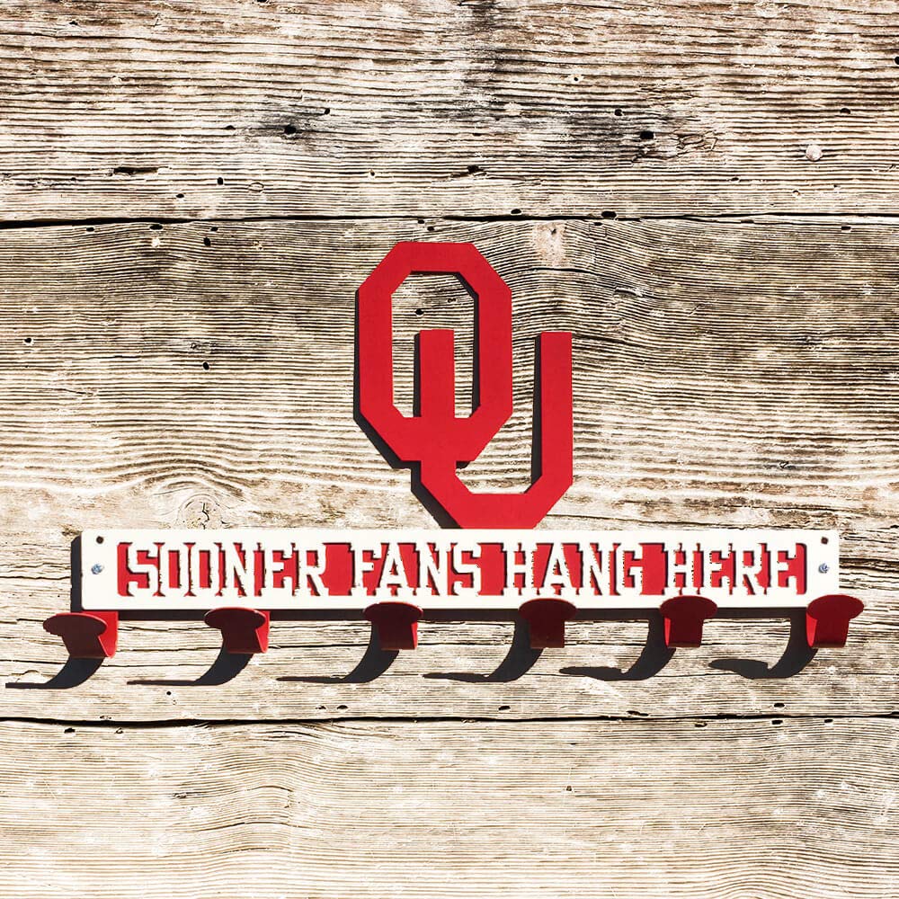 Sooner Fans Hang Here Coat & Hat Rack (B42) - Wall Mounted Organizer for Entryway, Bedroom, or Dorm Room