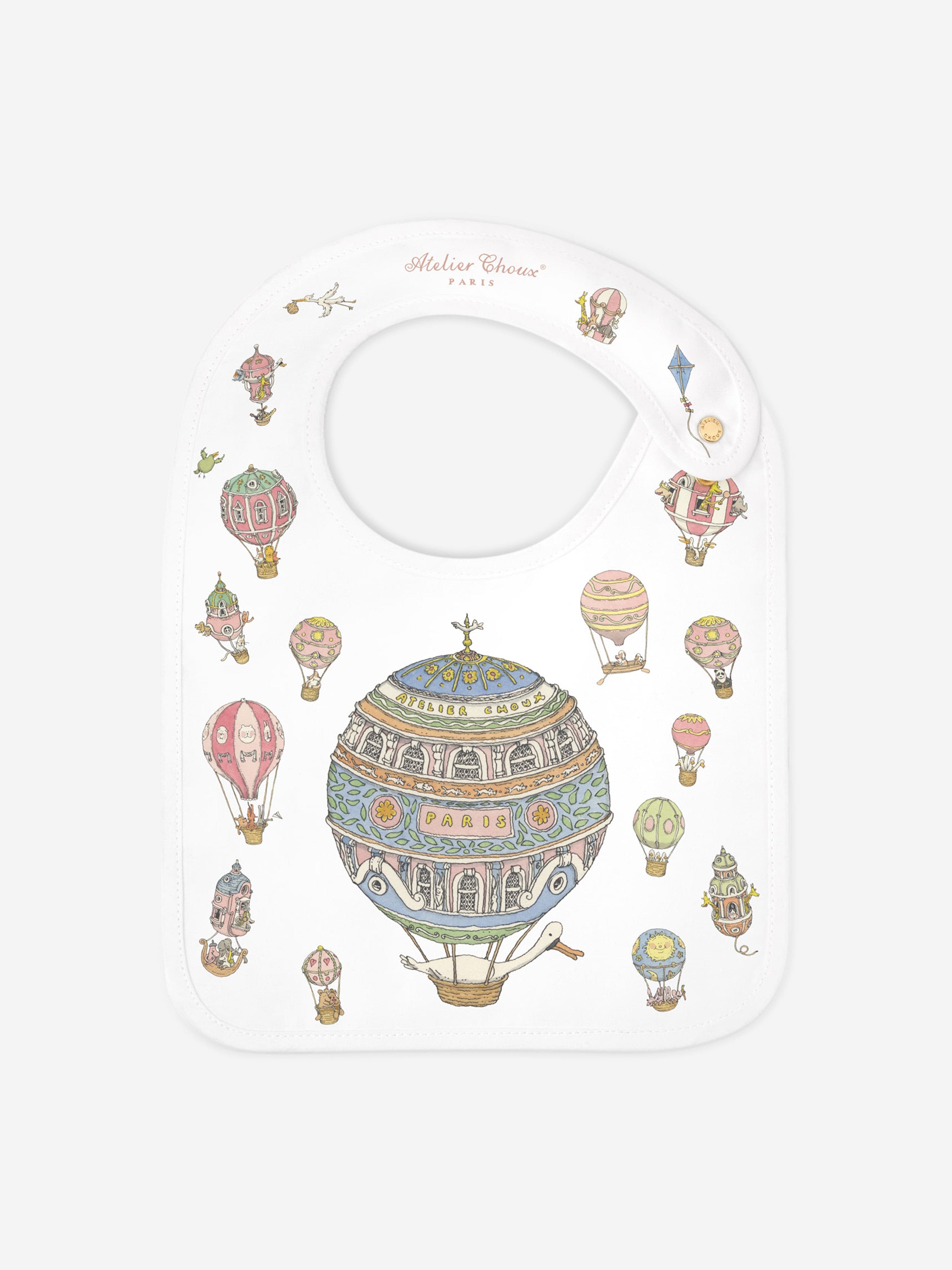 Atelier Choux Baby Satin Hot Air Balloons Bib in White - Soft & Stylish Drool Bib for Newborns & Infants - Perfect for Feeding, Teething & Everyday Outfits