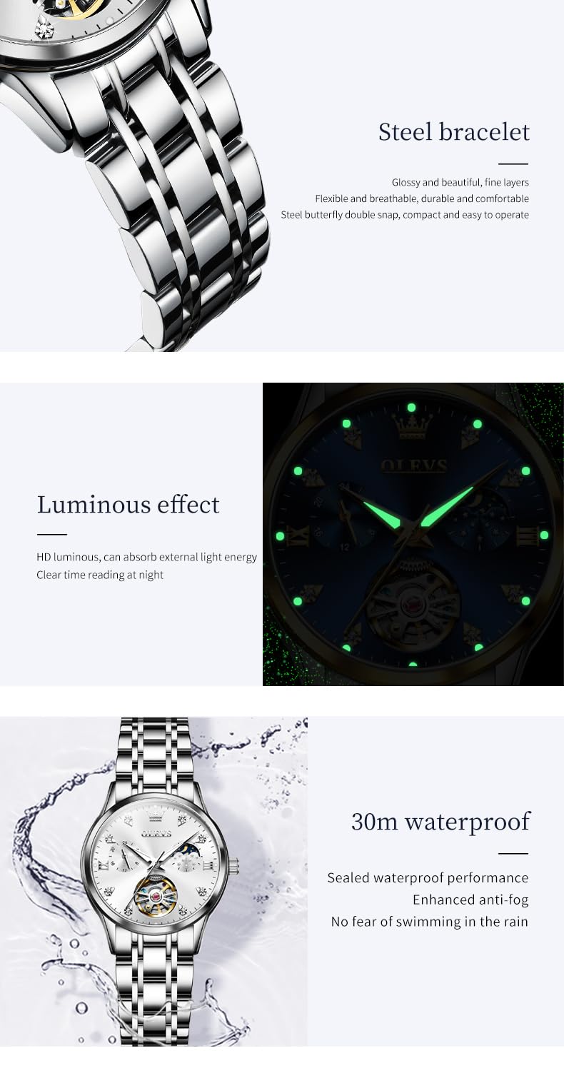 OLEVS Automatic Winding Hollow Skeleton Moon Phase Women's Watch - Stainless Steel Waterproof Ladies Watch with Two-Tone Band | Perfect for Business, Party & Everyday Wear