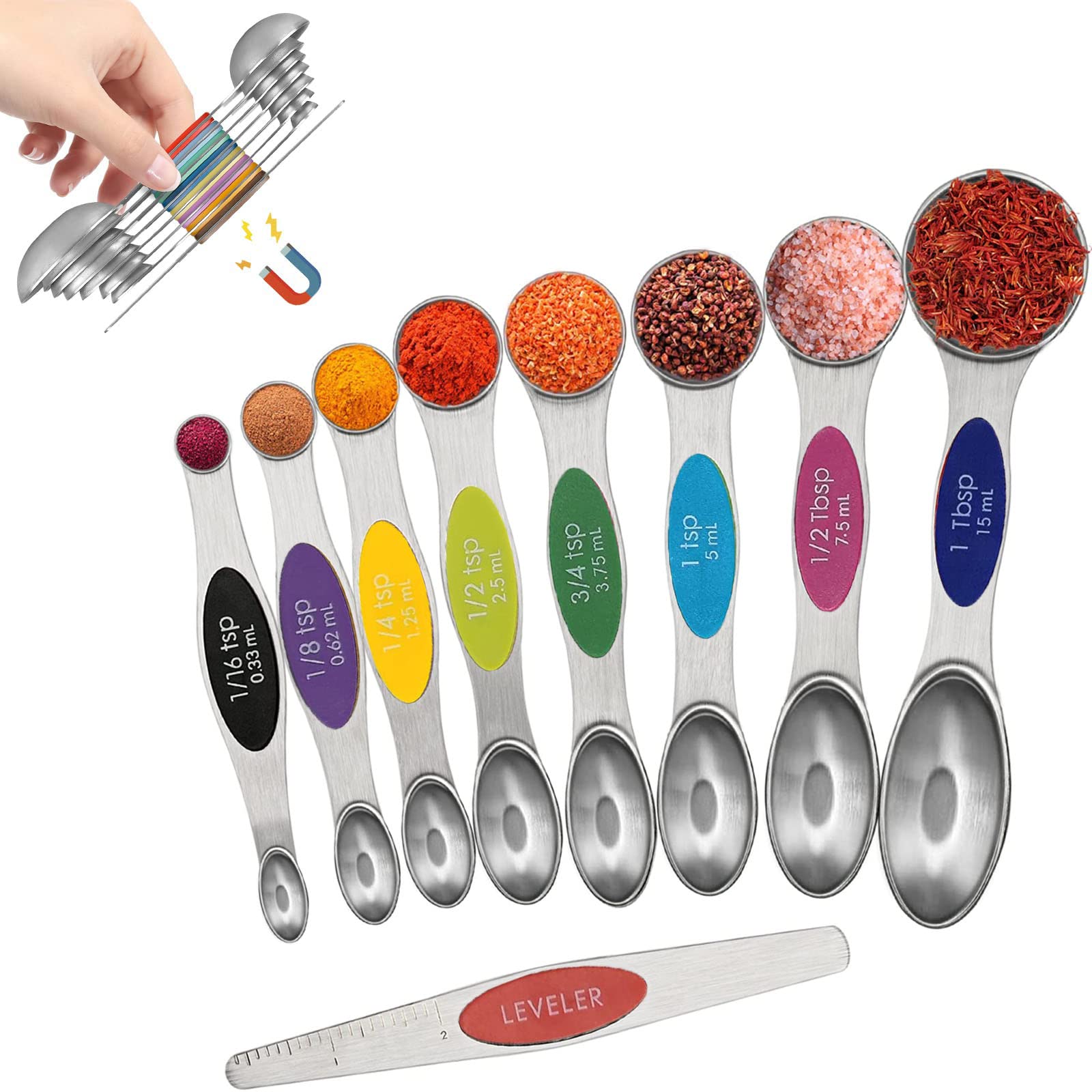 9-Piece Magnetic Measuring Spoons Set - Dual-Sided Stainless Steel Kitchen Measuring Spoons with Leveler | Stackable Teaspoon & Tablespoon Set for Baking, Cooking & Spice Storage | Perfect for Measuring Dry & Liquid Ingredients in Jars, Canisters & Spice Containers