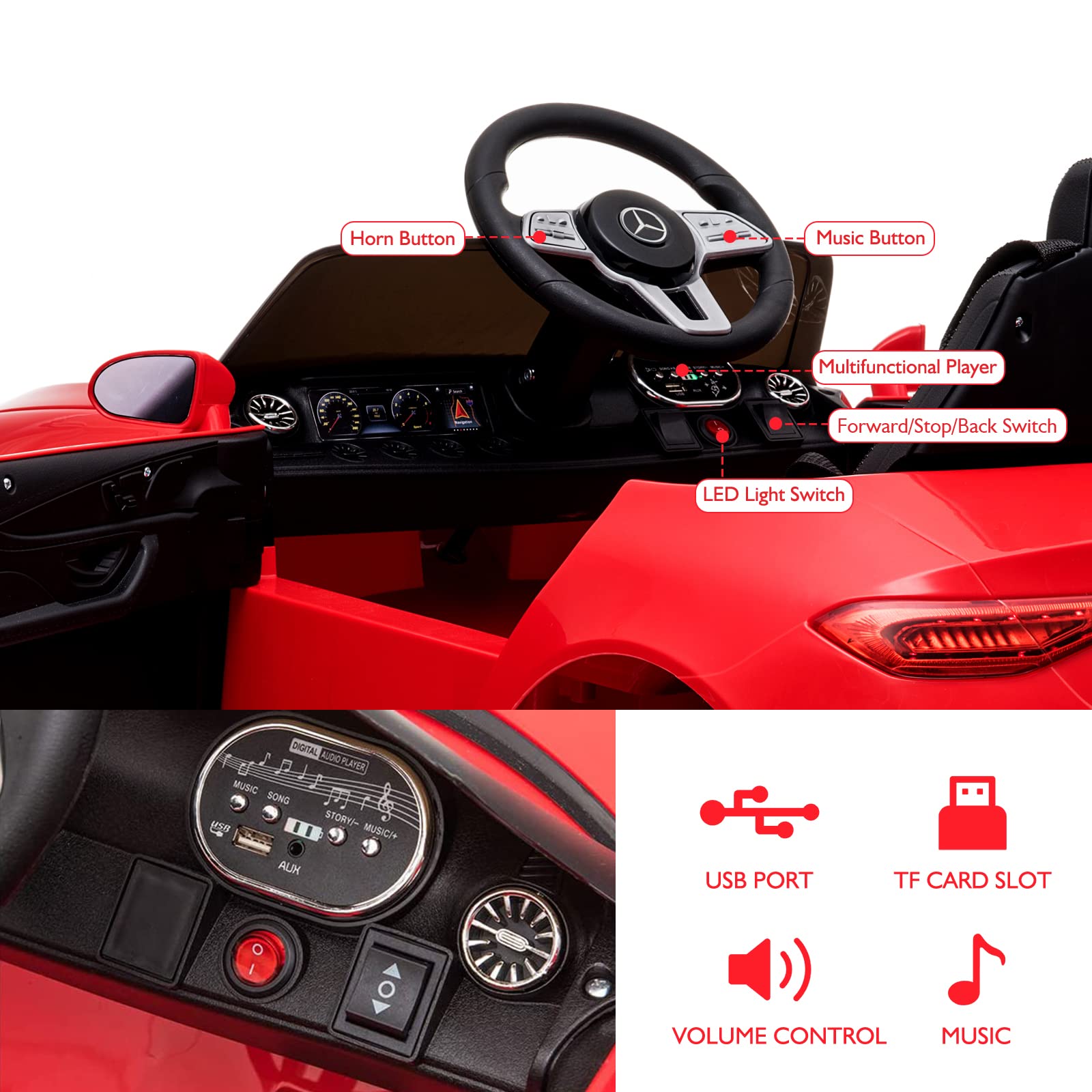12V Licensed Mercedes Benz Kids Electric Ride-On Car with Remote Control - Adjustable Speed, Safety Belt, Music & LED Lights (Red) - Perfect Birthday Gift & Outdoor Play Toy for Boys & Girls Ages 3-8