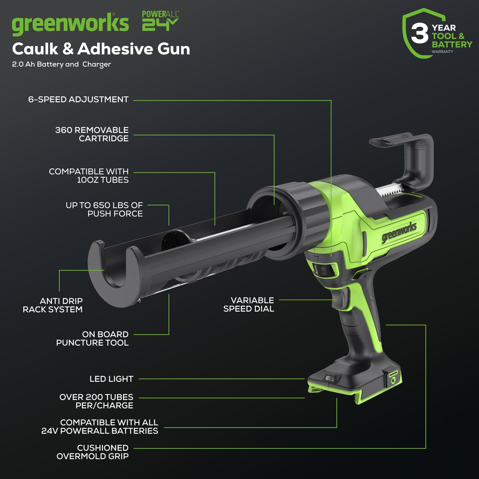 Greenworks 24V Cordless 10 oz. Caulk & Adhesive Gun - 6-Speed Adjustable with Anti-Drip Technology, Includes 2Ah USB Battery & 2A Fast Charger - Perfect for Home Repairs, DIY Projects, and Professional Construction Work