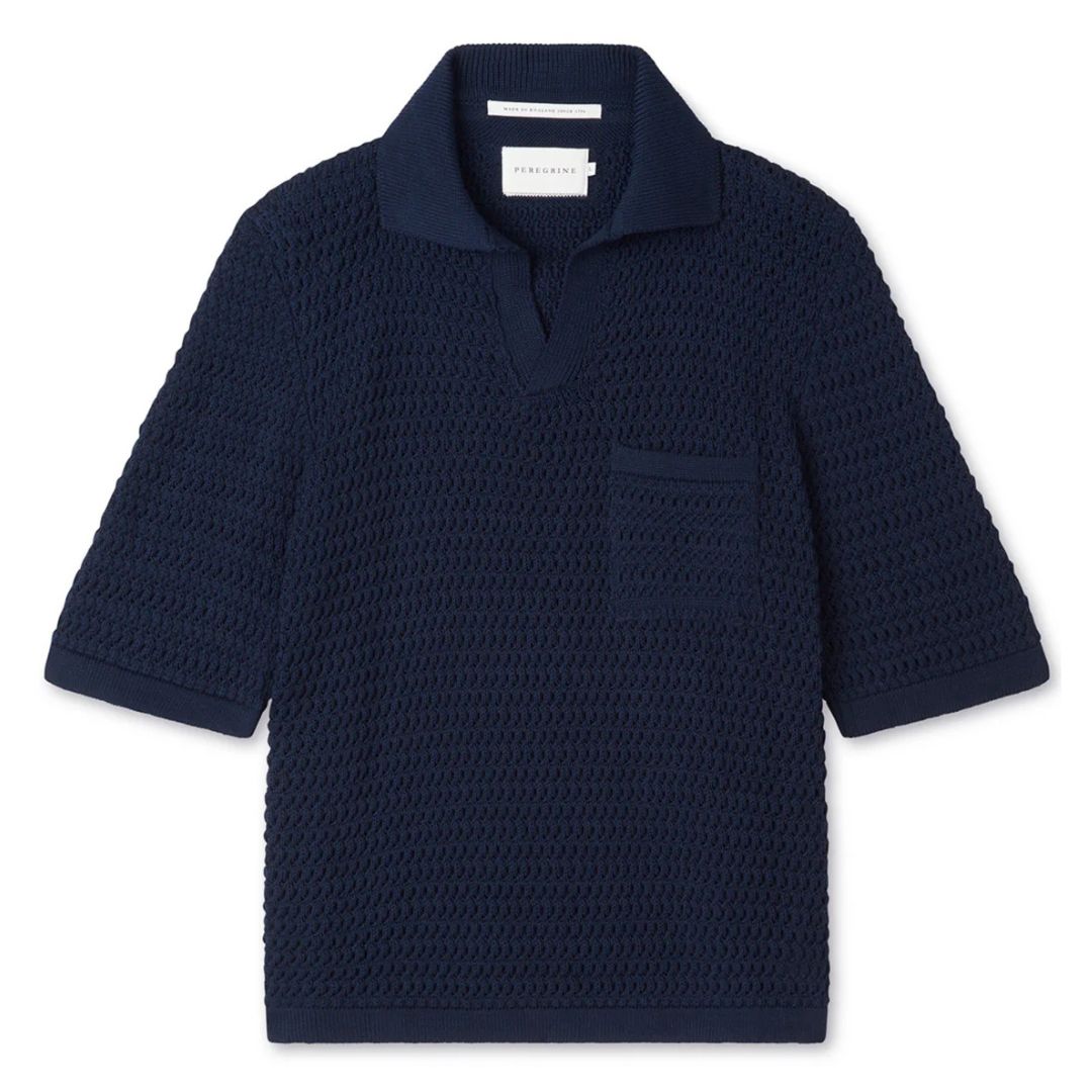 Navy Blue Crochet Polo Shirt for Men - Breathable Summer Casual Wear - Perfect for Beach, Vacation, and Outdoor Activities