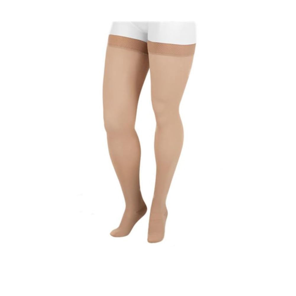 Juzo Dynamic Varin Closed Toe Compression Thigh High Stockings 20-30 mmHg for Men & Women - 2-Way Stretch Fabric, Silicone Top Band, Made in USA - Beige, Size 4 (IV) Petite - Ideal for Circulation Support, Lymphedema & Varicose Vein Relief