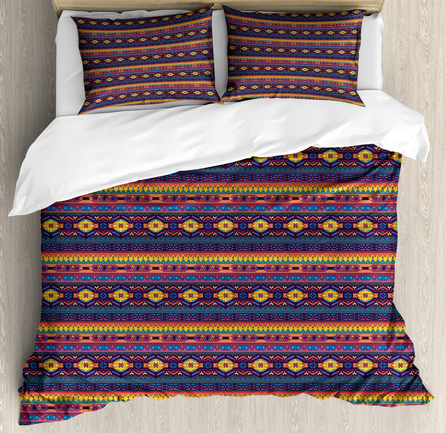 Ambesonne Ethnic Duvet Cover Set Queen Size - Colorful Traditional Folkloric Pattern Bedding with 2 Pillow Shams, Purple Mustard Salmon - 3 Piece Bohemian Decor for Bedroom, Guest Room & Dorm