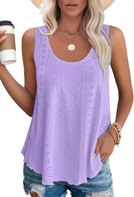 Women's Casual Loose Fit Sleeveless Scoop Neck Tank Tops with Eyelet Embroidery - Breathable Summer Basic T-Shirts for Beach, Yoga, and Everyday Wear