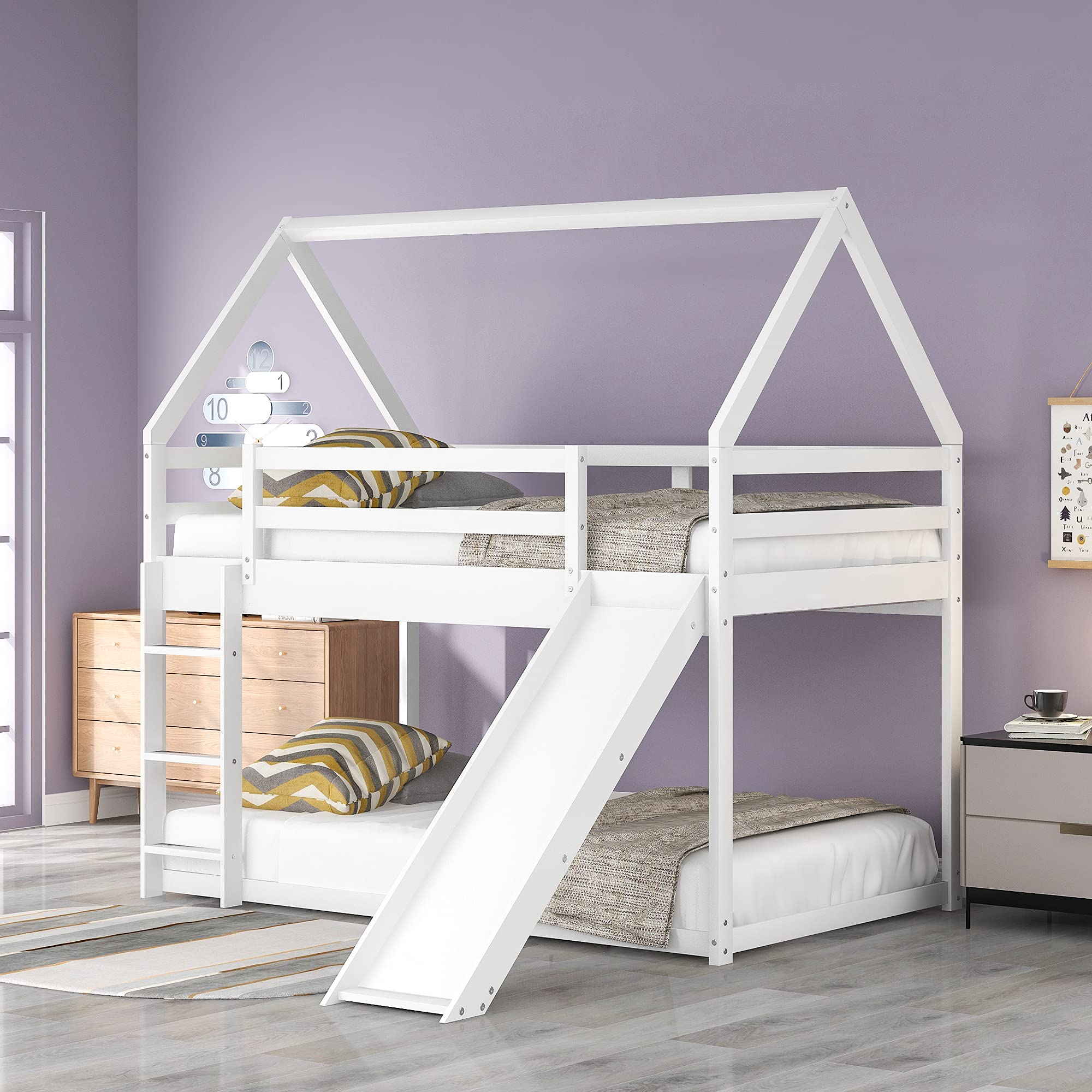 Kids Twin Over Twin House Shape Bunk Bed with Slide - Convertible to Tent, White Wooden Loft Bed for Boys & Girls Bedroom, Dormitory, Playroom - Fun & Space-Saving Children's Furniture