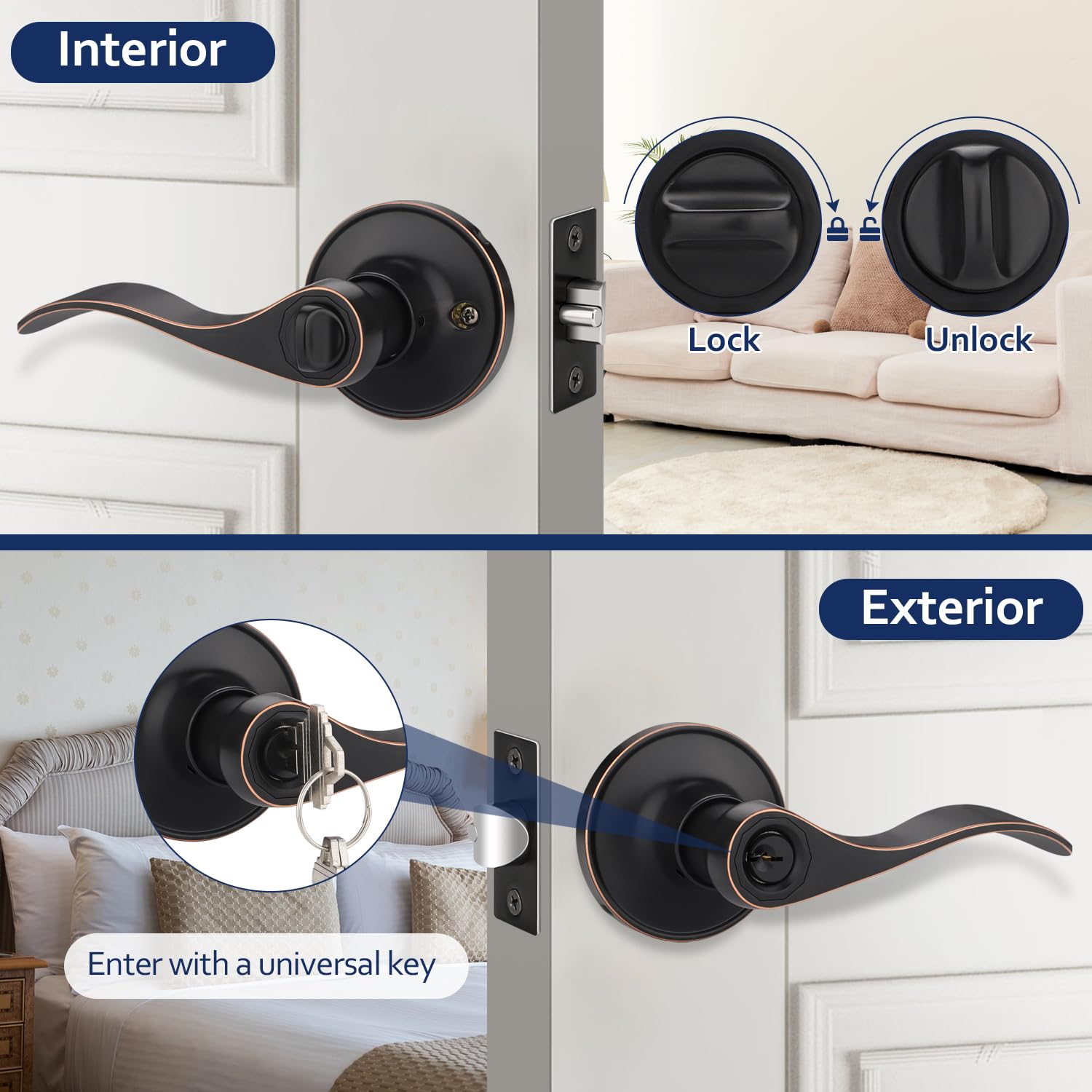 3 Pack Keyed Alike Entry Door Handles - Oil Rubbed Bronze Interior Door Knobs for Bedroom, Bathroom & Home Security - Universal Handing Lever Set (Perfect for Apartments, Offices & Residential Doors)