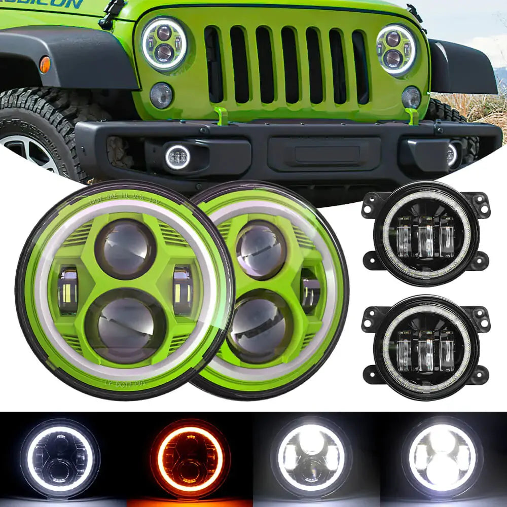 LOYO 7 Halo LED Headlights + 4 Halo LED Fog Lights with DRL & Amber Turn Signal - Compatible with Jeep Wrangler 1997-2017 JK TJ LC CJ - Upgrade Your Off-Road Lighting for Night Driving & Adventure