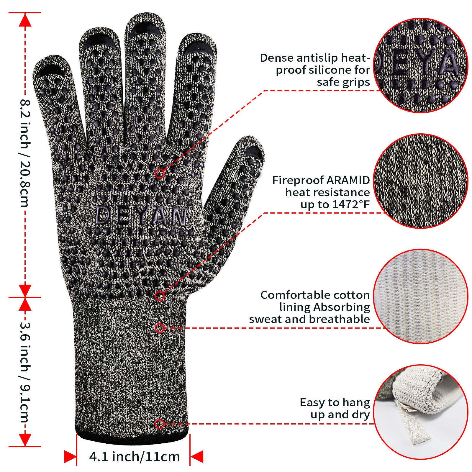 Heat Resistant BBQ Grill Gloves - 1472℉ High Temperature Oven Mitts, Fireproof Kitchen Gloves for Grilling, Smoking, Baking & Frying - Perfect for Outdoor Cooking, Camping & Home Kitchen Use