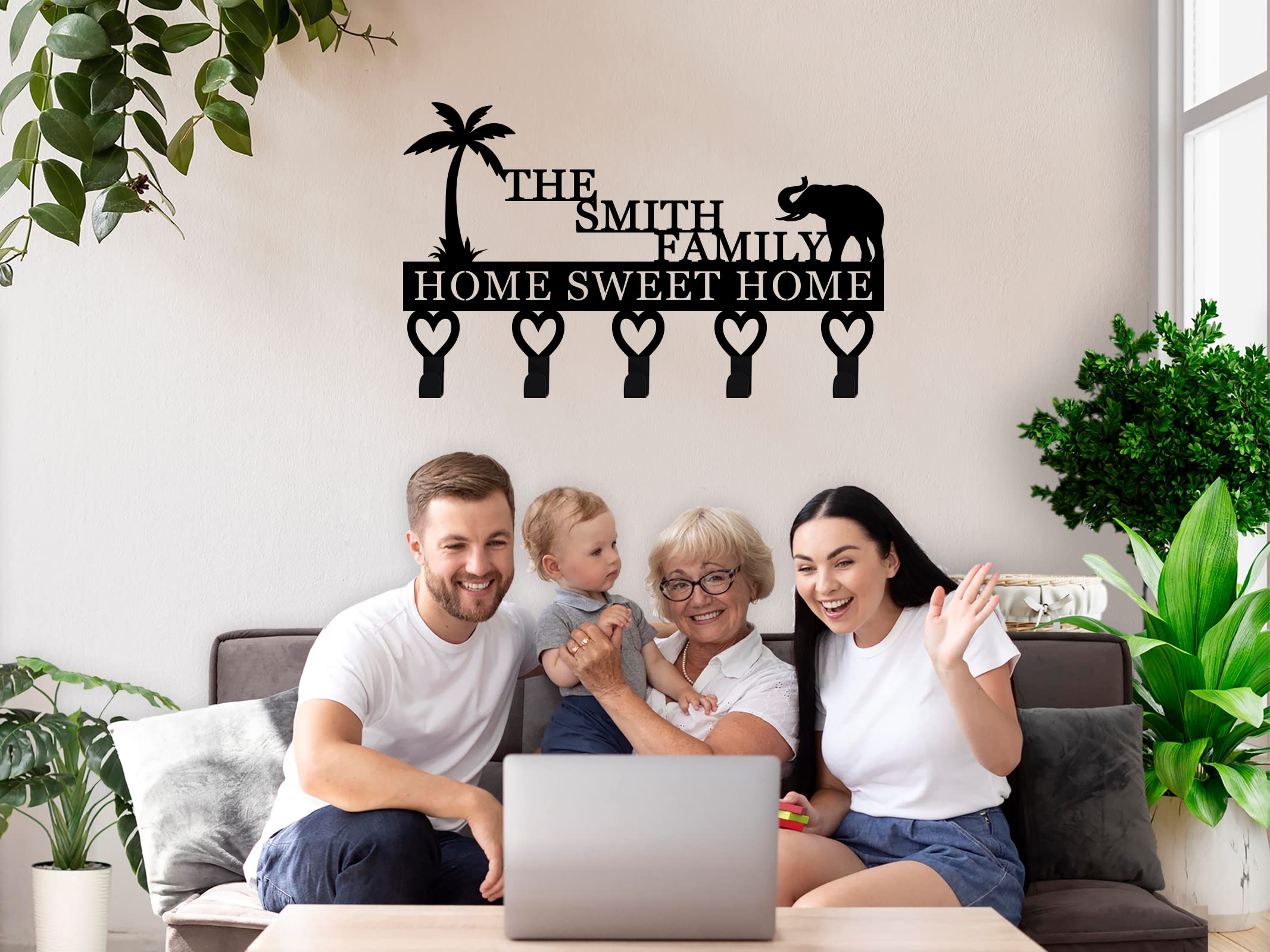 Personalized Elephant Wall Key Holder with Family Name - Decorative Key Rack for Home Entryway, Mounted Key Hooks for Keys, Dog Leash & Towels - Perfect for Living Room, Bedroom or Office Organization