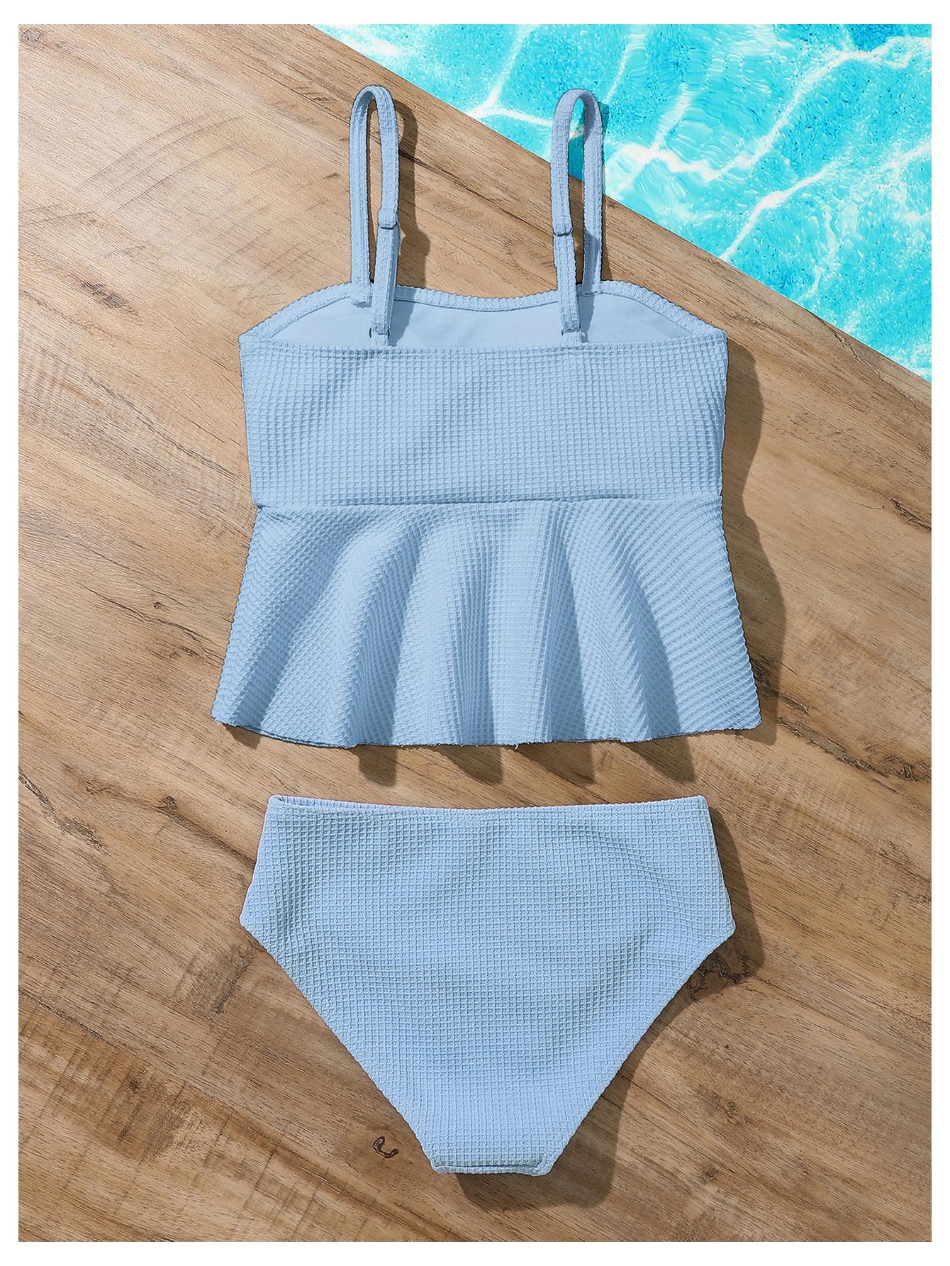 SHENHE Girls' 2-Piece High Waisted Ruffle Waffle Swimsuit Bikini Set - Cute Bathing Suit for Beach, Pool & Summer Vacation