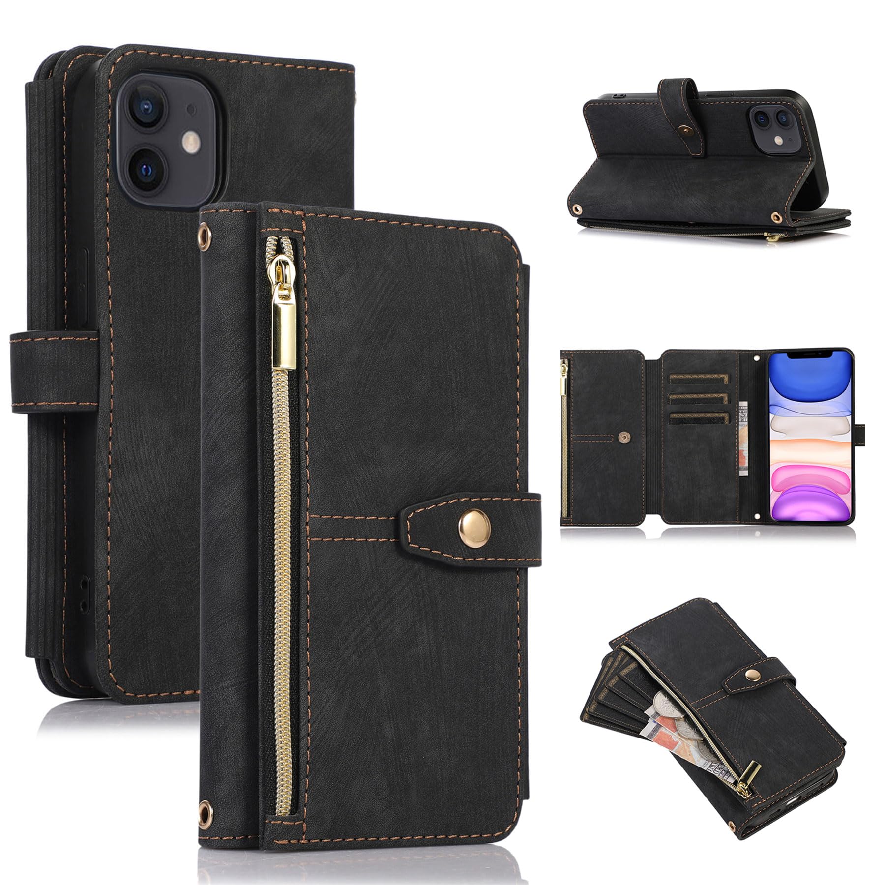 Premium Zipper Leather Wallet Case for iPhone 11 (6.1 inch) with Wrist Strap - Black | RFID Blocking Flip Cover for Credit Cards & Cash | Perfect for Travel, Shopping & Daily Use