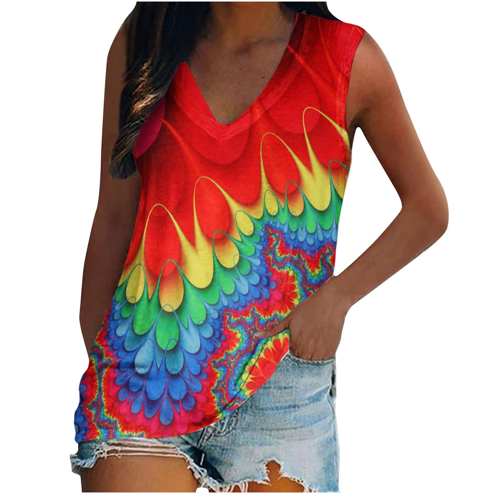 Miximx Women's Casual V-Neck Sleeveless Tank Top - Summer Loose Fit Printed Tunic Blouse for Beach, Yoga & Everyday Wear