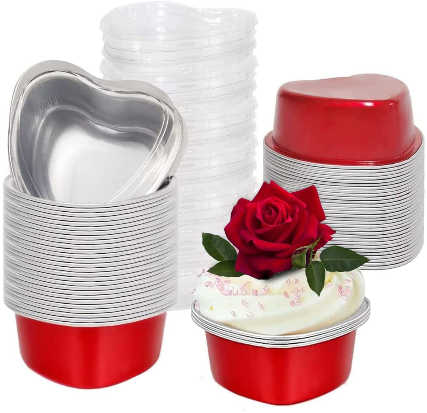 50-Pack Disposable Heart-Shaped Foil Baking Pans with Lids - Mini Cake Pans for Cupcakes, Flan, Desserts - Perfect for Valentine's Day, Weddings, Mother's Day, Easter & Birthday Parties (Red) - Ideal for Home Baking, Party Catering & Holiday Celebrations