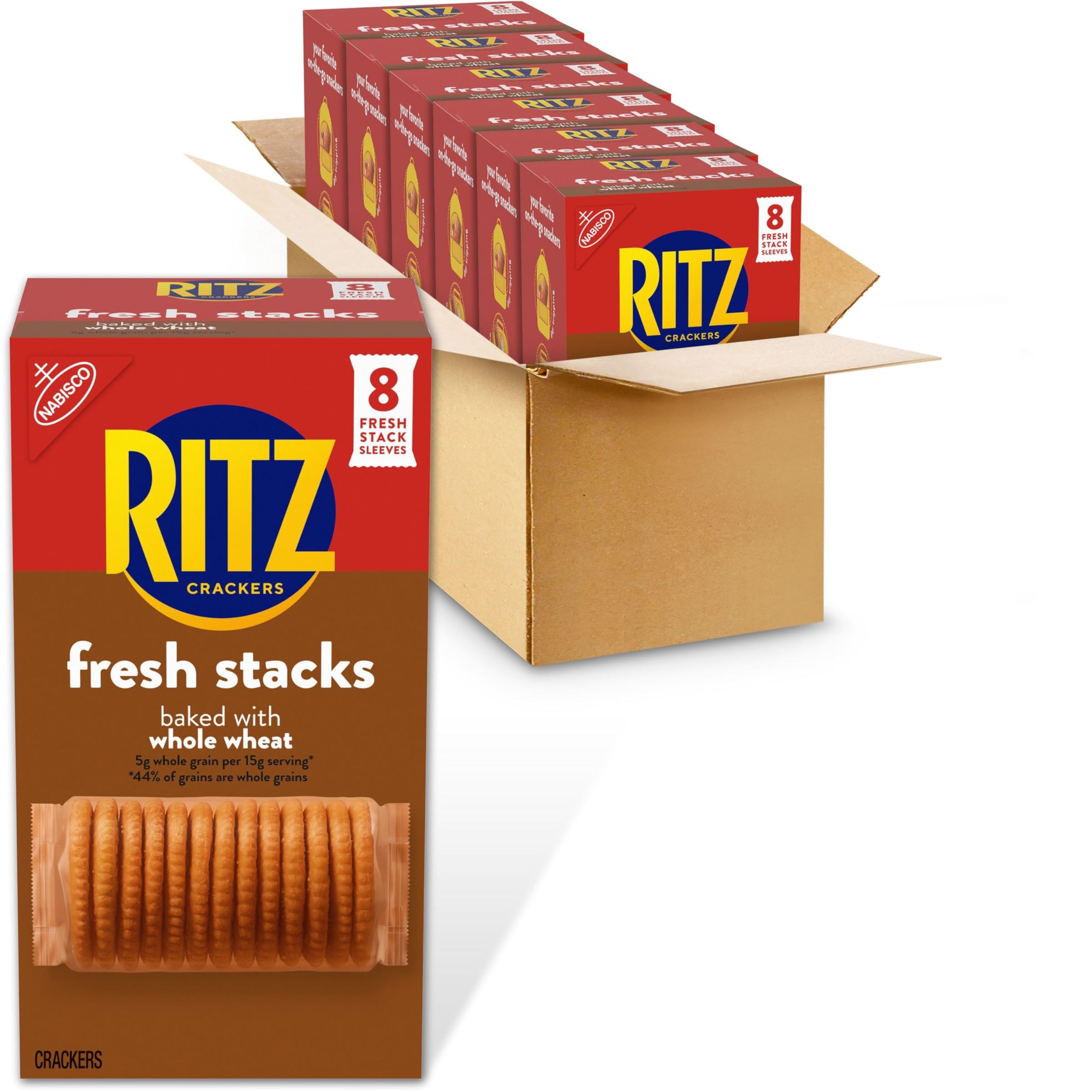 RITZ Fresh Stacks Whole Wheat Crackers - 6 Boxes (48 Snack Packs) | Healthy Bulk Travel Snacks for Kids & Adults | Perfect for Lunchboxes, Office, Road Trips & Camping