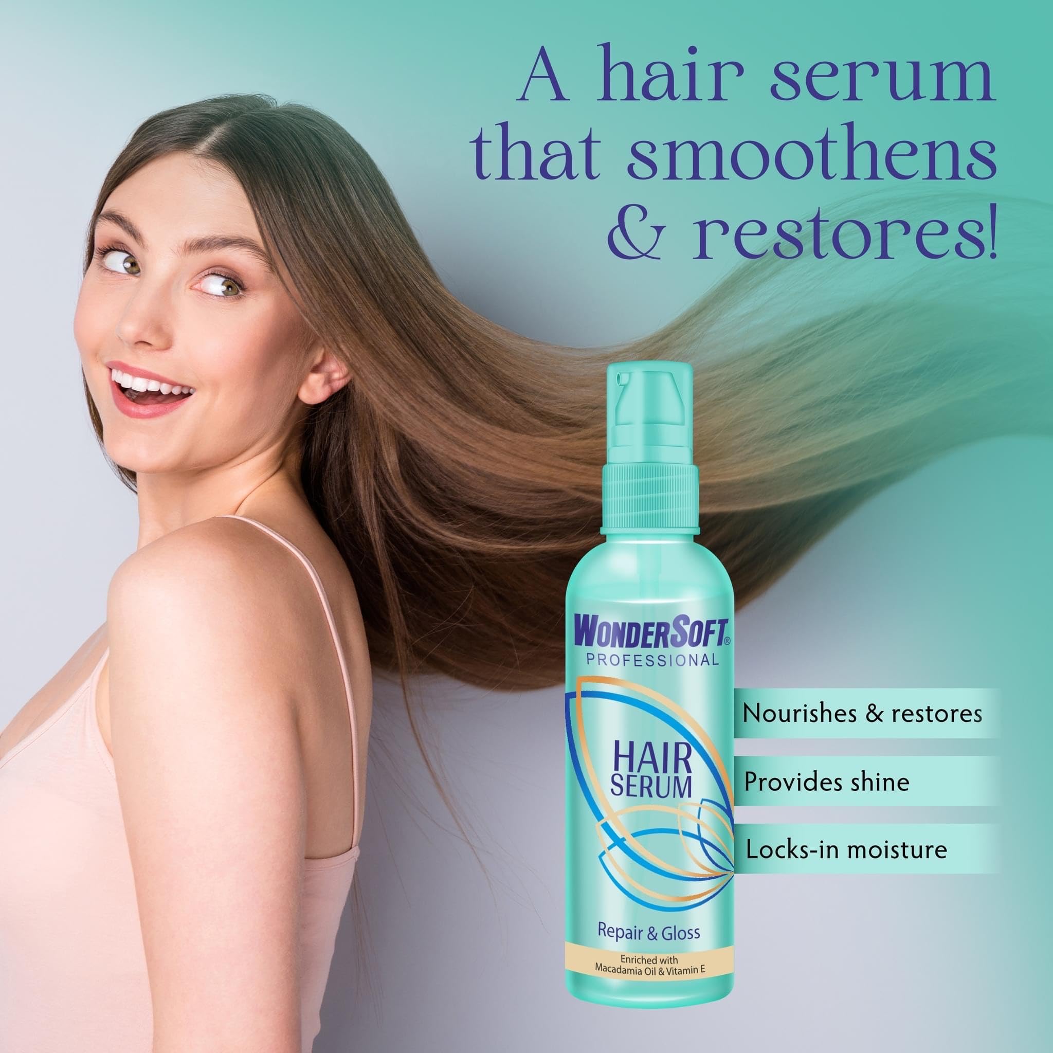 Wondersoft Professional Repair & Gloss Hair Serum with Macadamia Oil & Vitamin E - 100ml | Deep Conditioning Treatment for Damaged Hair, Frizz Control & Shine Boost | Perfect for Daily Use, Salon-Quality Results at Home